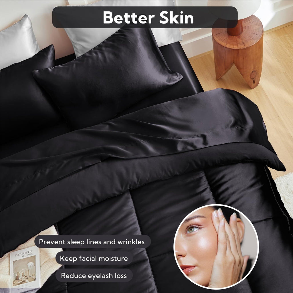 Luxurious Quilted Reversible Satin Microfiber Comforter 3 Pieces Queen Size, Black Queen Comforter Set for All Seasons, Silky Soft Sati... - Hypoallergenic Ultra-Fluffy Quilt for Winter Detail