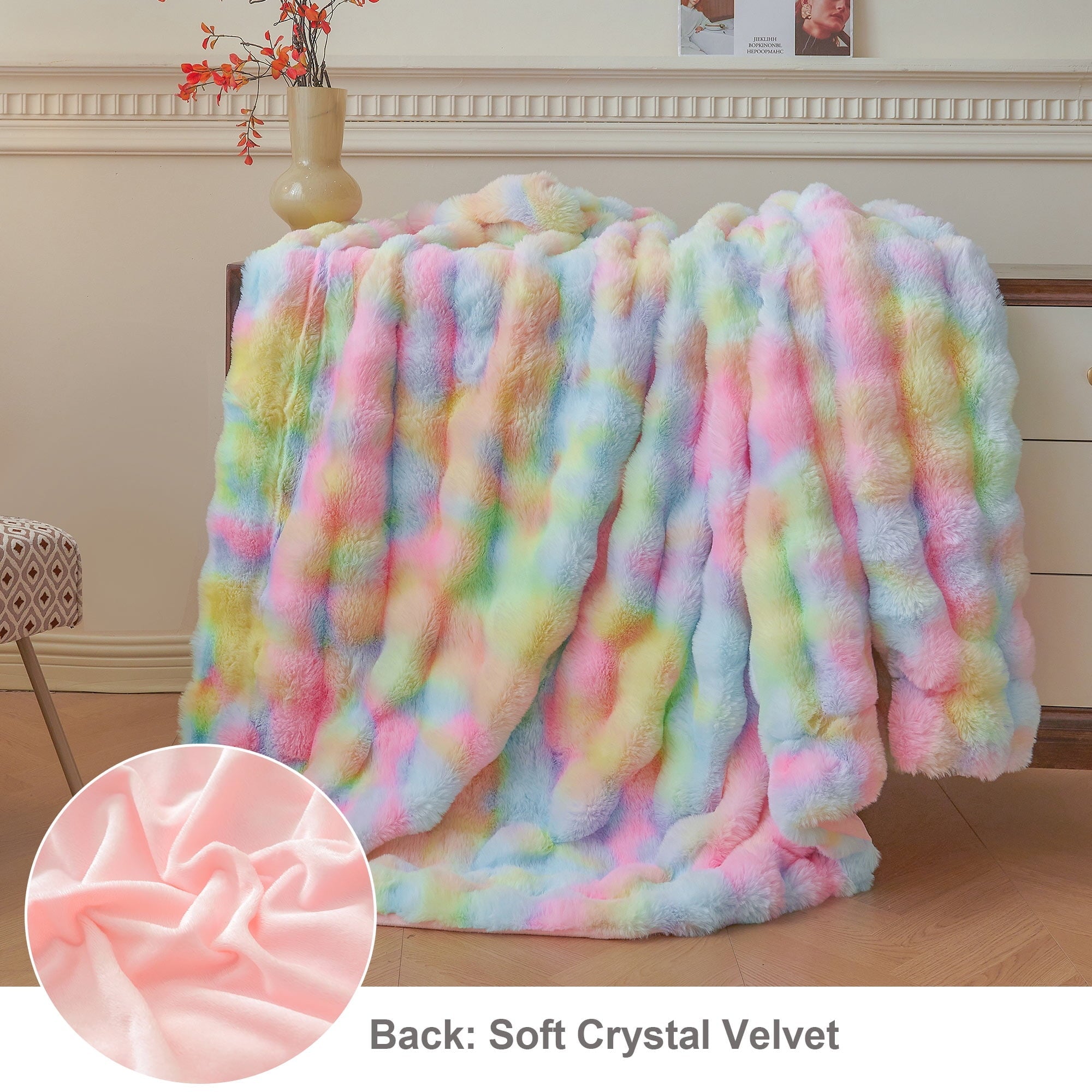 Reversible Sherpa Fluffy Faux Rabbit Fur Bubble Throw, Rainbow Plush Shaggy Blanket for Couch Sofa Chair, Soft Tie Dye Furry Blanket Ad... - Cozy Fleece Throw Blanket for Couch & Bed Detail
