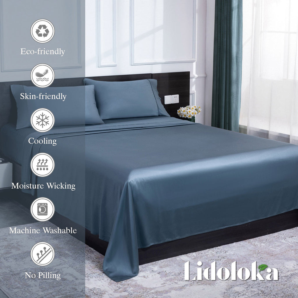 Premium Egyptian Cotton Luxury Bamboo Bed Sheets Set Full 4 Pcs for Adult,Soft&Cool,16" Deep Pocket,Blue Gray - Breathable Egyptian Cotton Flat & Fitted Sheets Detail