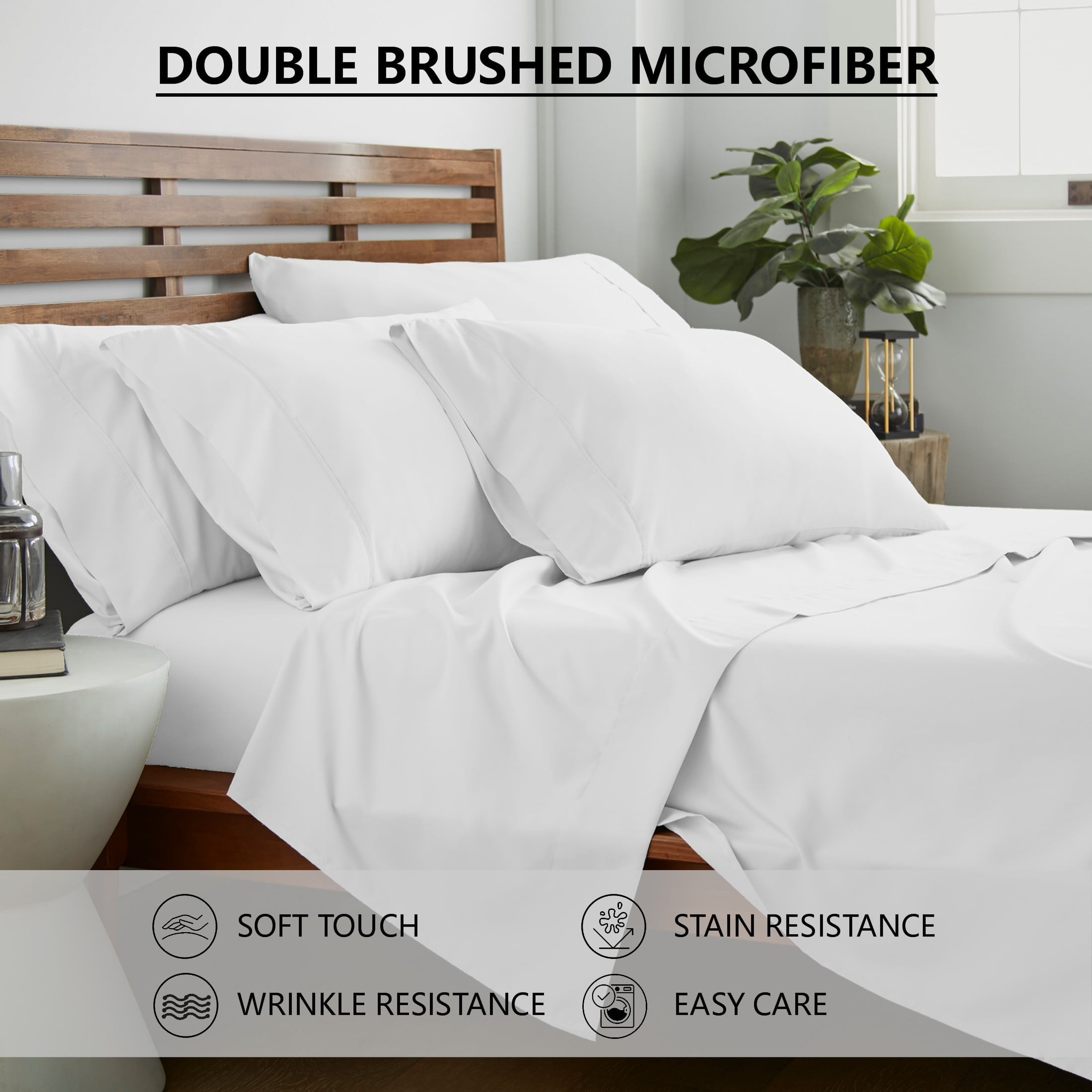 Cooling Sateen Queen Size 6 Piece Bed Sheet Set White - Ultra Soft Microfiber Deep Pocket Wrinkle Free - Cooling Hotel Quality Bedding Sheets and Pillowcases Detail