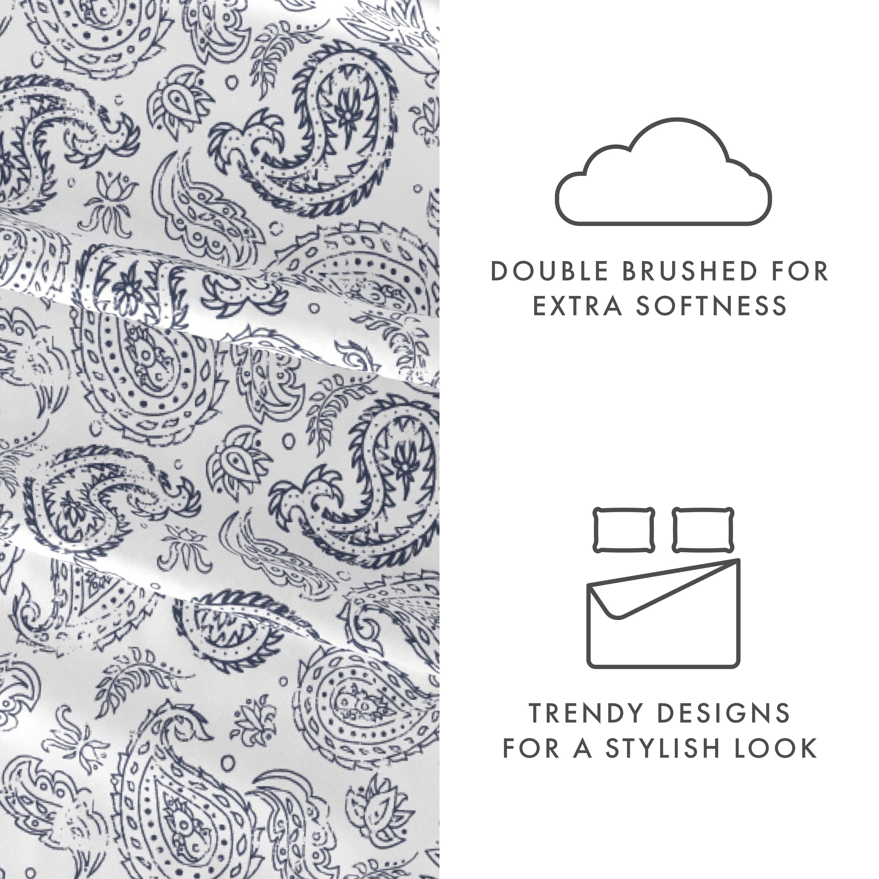 Ultra-Soft 4 Piece Pattern Microfiber Bed Sheets Set, Navy Coarse Paisley, Full - Luxury Bed Sheet Set with Deep Pockets Detail