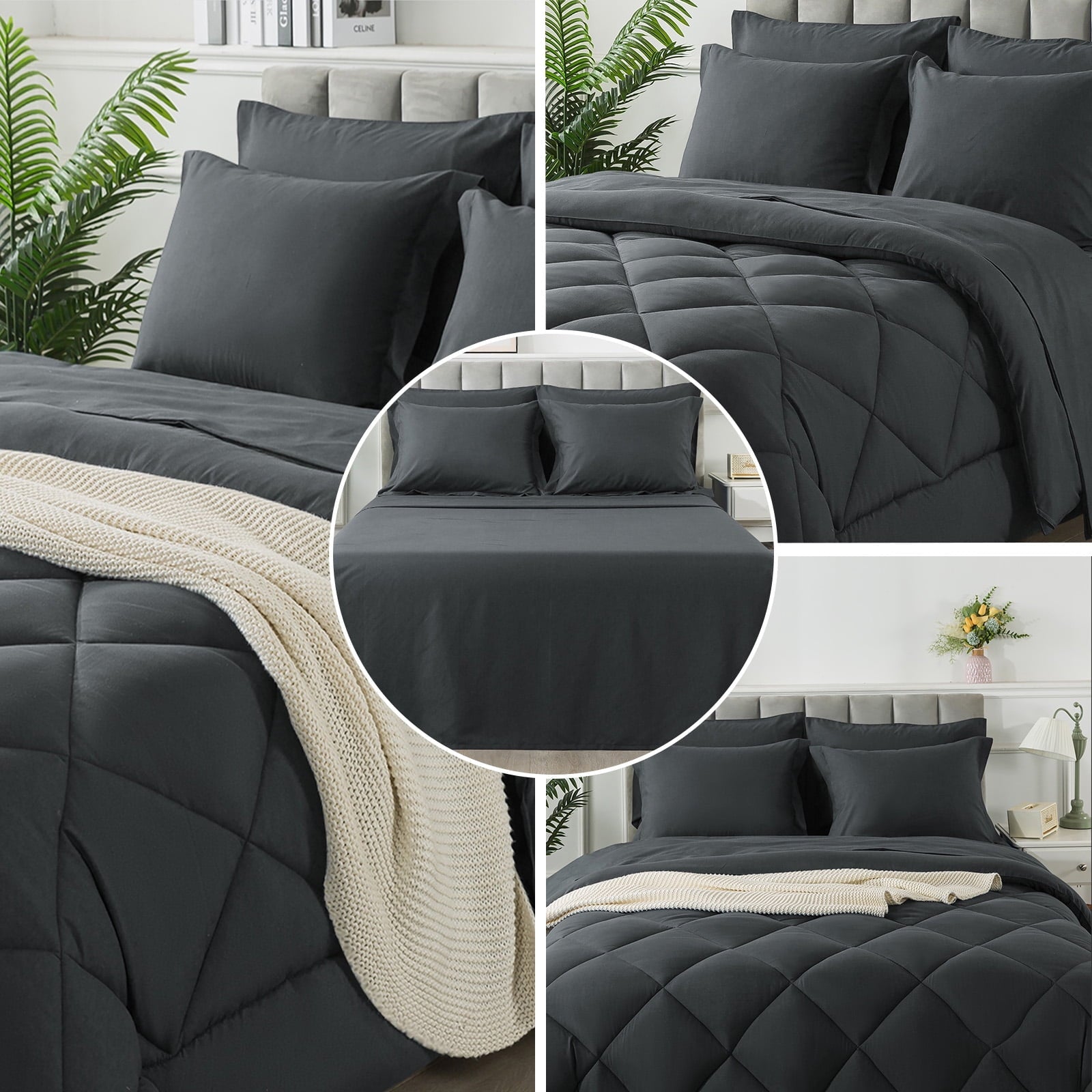 Hypoallergenic Cloud Queen Bed in a Bag Comforter Set with 7 Pieces - Dark Gray All Season Bedding Sets with Comforter, Pillow Shams, Flat... - All-Season Down Alternative Comforter Insert Detail