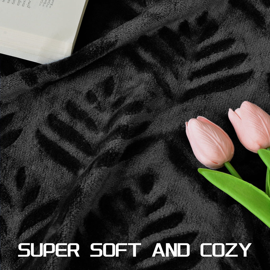 Decorative Knitted Fleece Throw Blanket for Couch, Leaves Pattern Super Soft and Cozy Blankets, Plush Fuzzy Lightweight, Black, 50"x60" - Super Soft Reversible Sherpa Flannel Blanket Detail