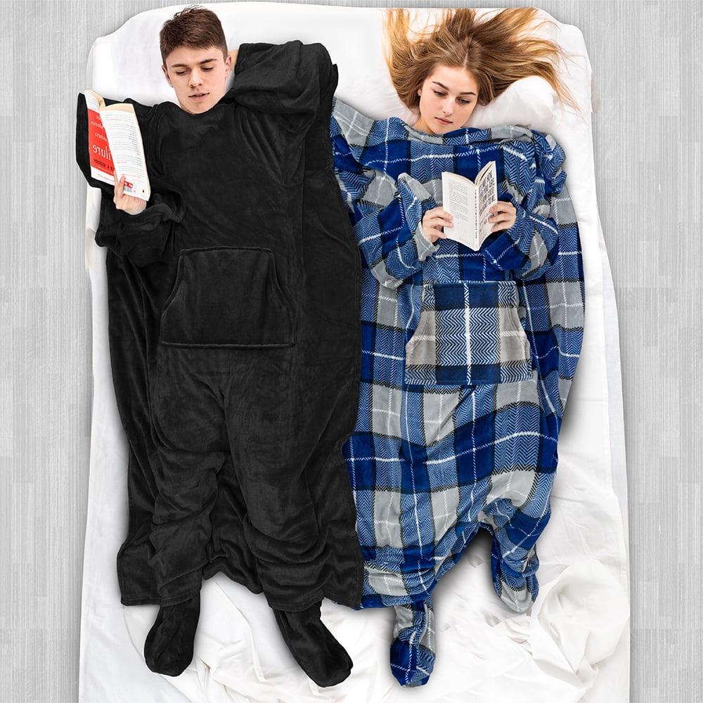Lightweight Warm Fleece Blanket with Sleeves, Foot Pockets for Women Men Adults, Plush Wearable Blanket Throw Wrap, Warm Snuggle Blank... - Luxury Knitted Decorative Throw Blanket with Fringes Detail