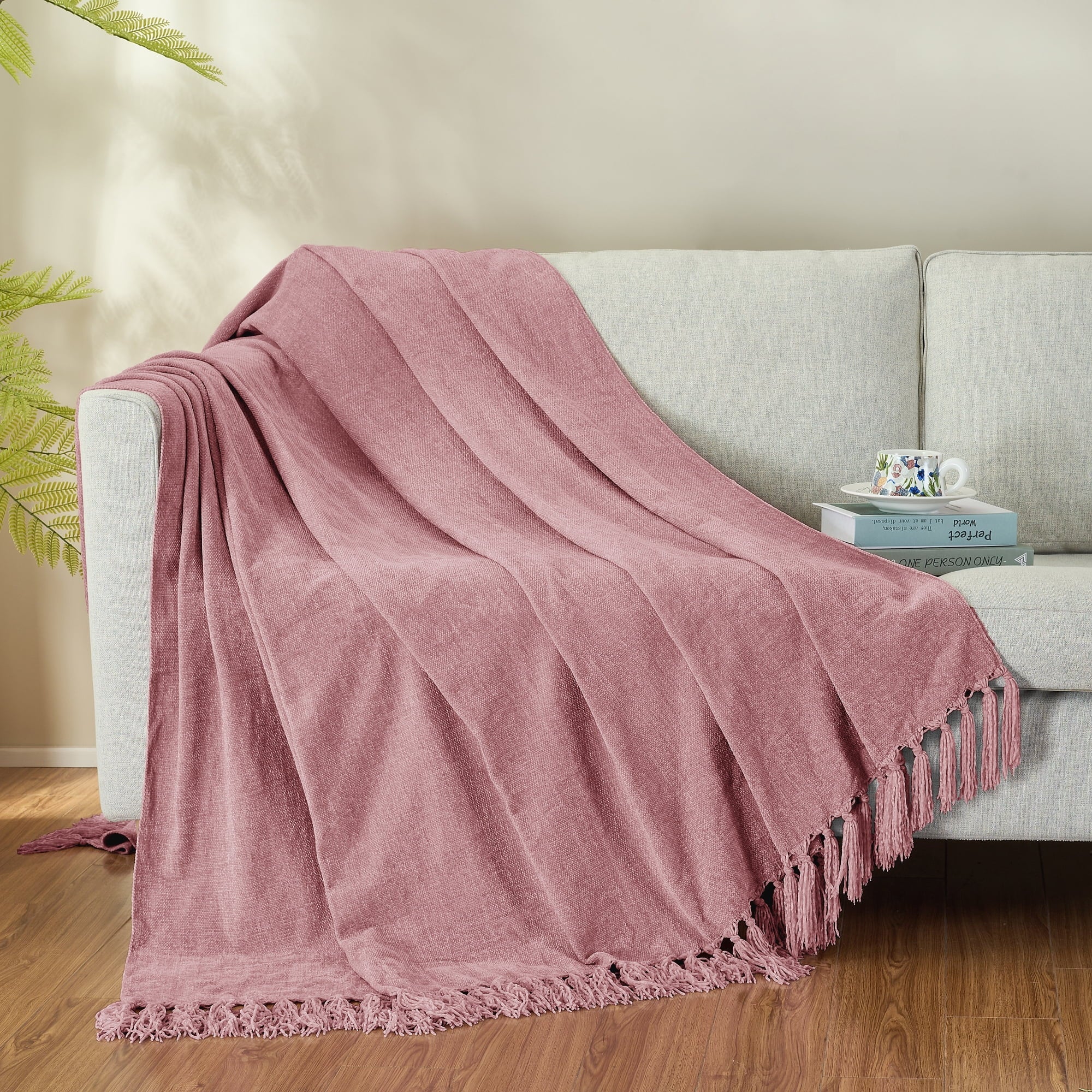 Super Soft Flannel Chenille Throw Blanket with Fringe Tassel for Couch Sofa Chair Bed, Mauve 50" X 70" - Cozy Fleece Throw Blanket for Couch & Bed Detail