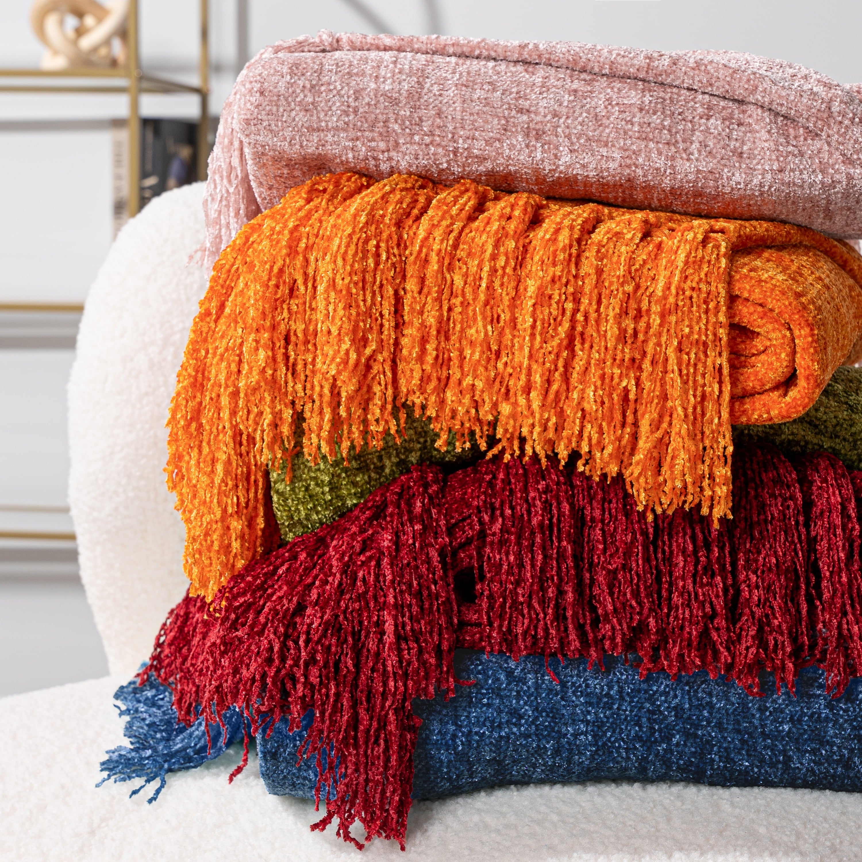 Lightweight Warm Mustard Yellow Chenille Throw Blanket for Couch, Soft Gold Knit Blanket with Tassel Fringe, Woven Chenille Knitted De... - Lightweight Plush Warm Blanket for All Seasons Detail