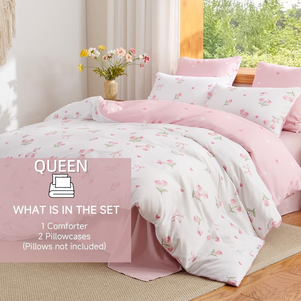 Fluffy Down Alternative Pink Tulip Queen Comforter Set, 3-Piece Pink Flowers Reversible Soft Bedding Set or Adults All Season - Luxurious Quilted Duvet Cover Set Detail