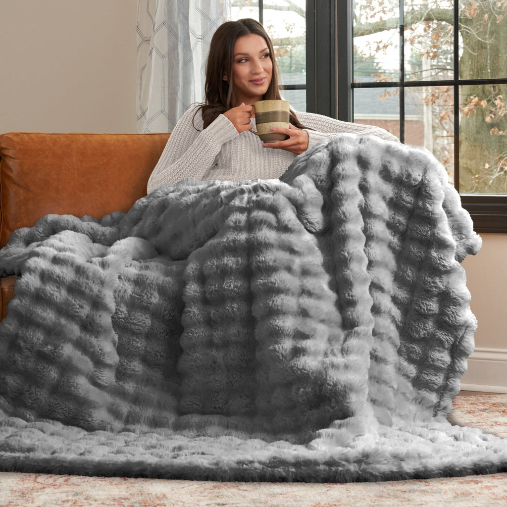 Super Soft Flannel Serenade Gray Textured Faux Fur Throw Blanket, 50 x 70 - Lightweight Plush Warm Blanket for All Seasons Detail