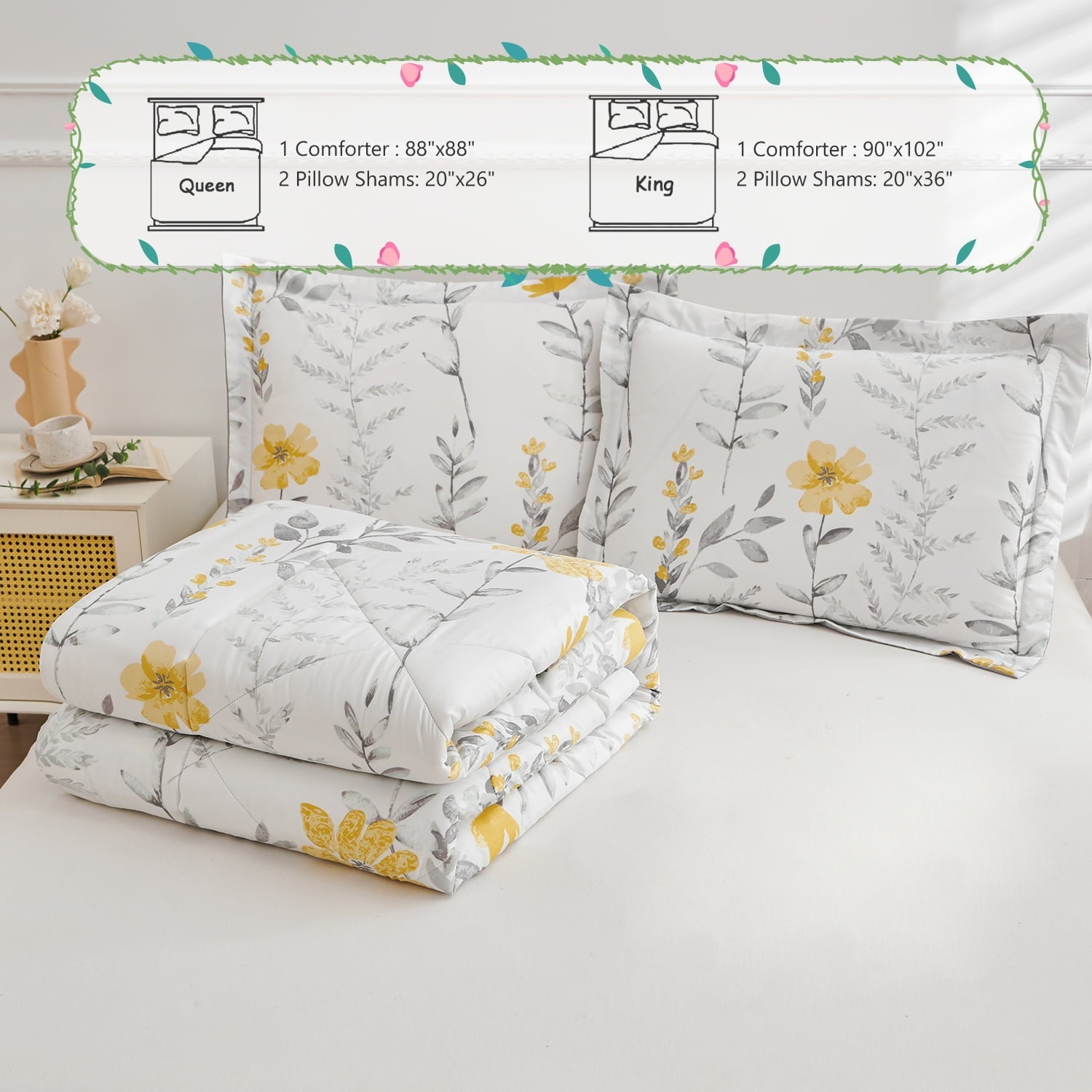 Hypoallergenic Cloud 3 Piece Comforter Set Queen Yellow Floral Quilt Microfiber Patchwork Bedspread - Cloud-Like Soft Lightweight Bed Comforter Detail