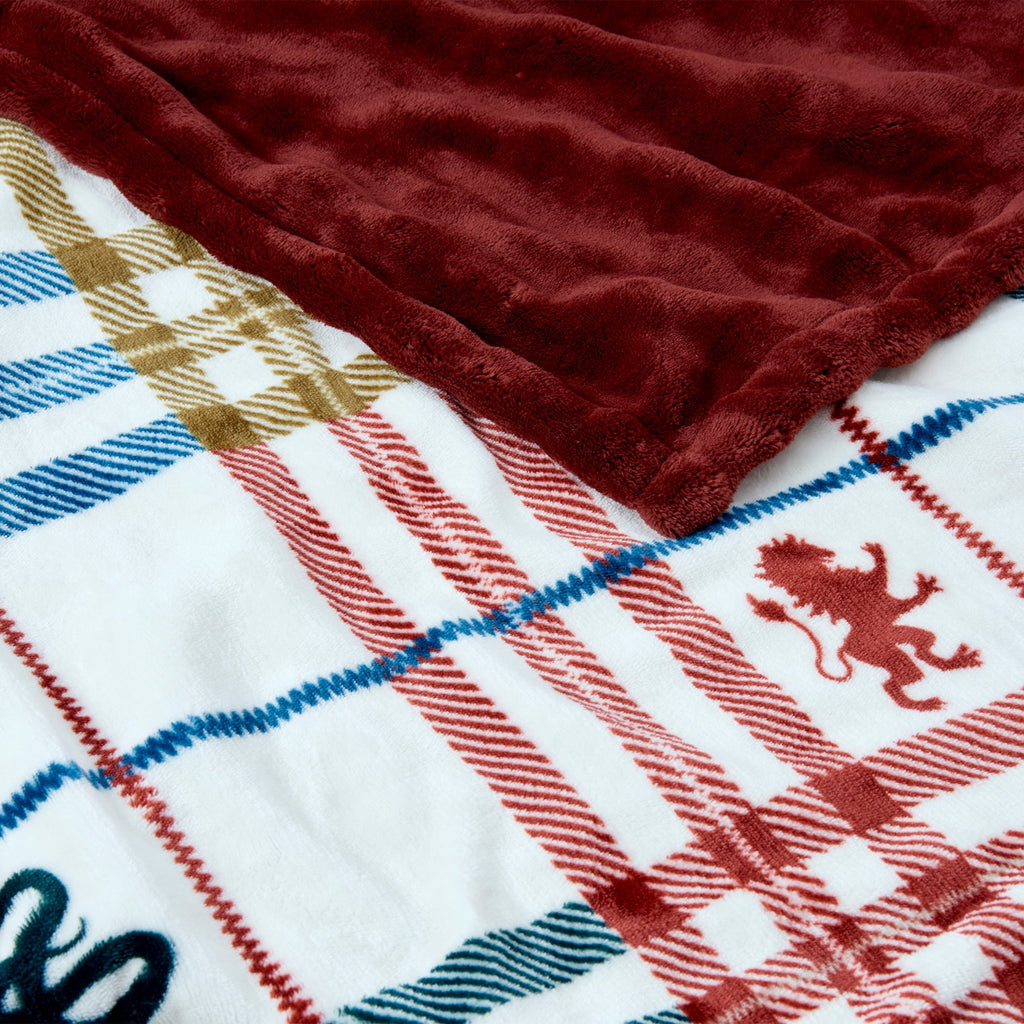 Super Soft Flannel Academic Plaid Tartan Crest with Faux Leather Patch and Milky Mink Reverse Throw, 60x70 inches - Super Soft Reversible Sherpa Flannel Blanket Detail