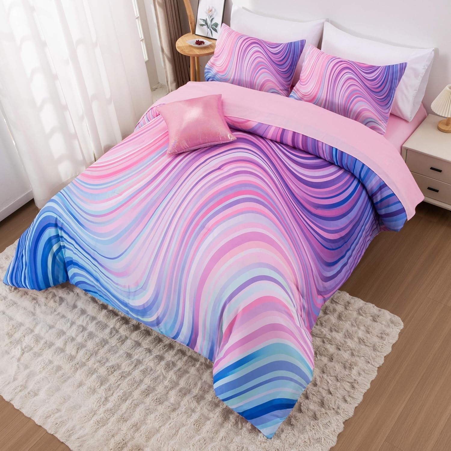 Fluffy Down Alternative 6 Pieces Gradient Star Ring Comforter Set, Colorful Glitter Rainbow Wave Stripes Pattern Bedding Set for Boys Girls T... - Hypoallergenic Ultra-Fluffy Quilt for Winter Detail