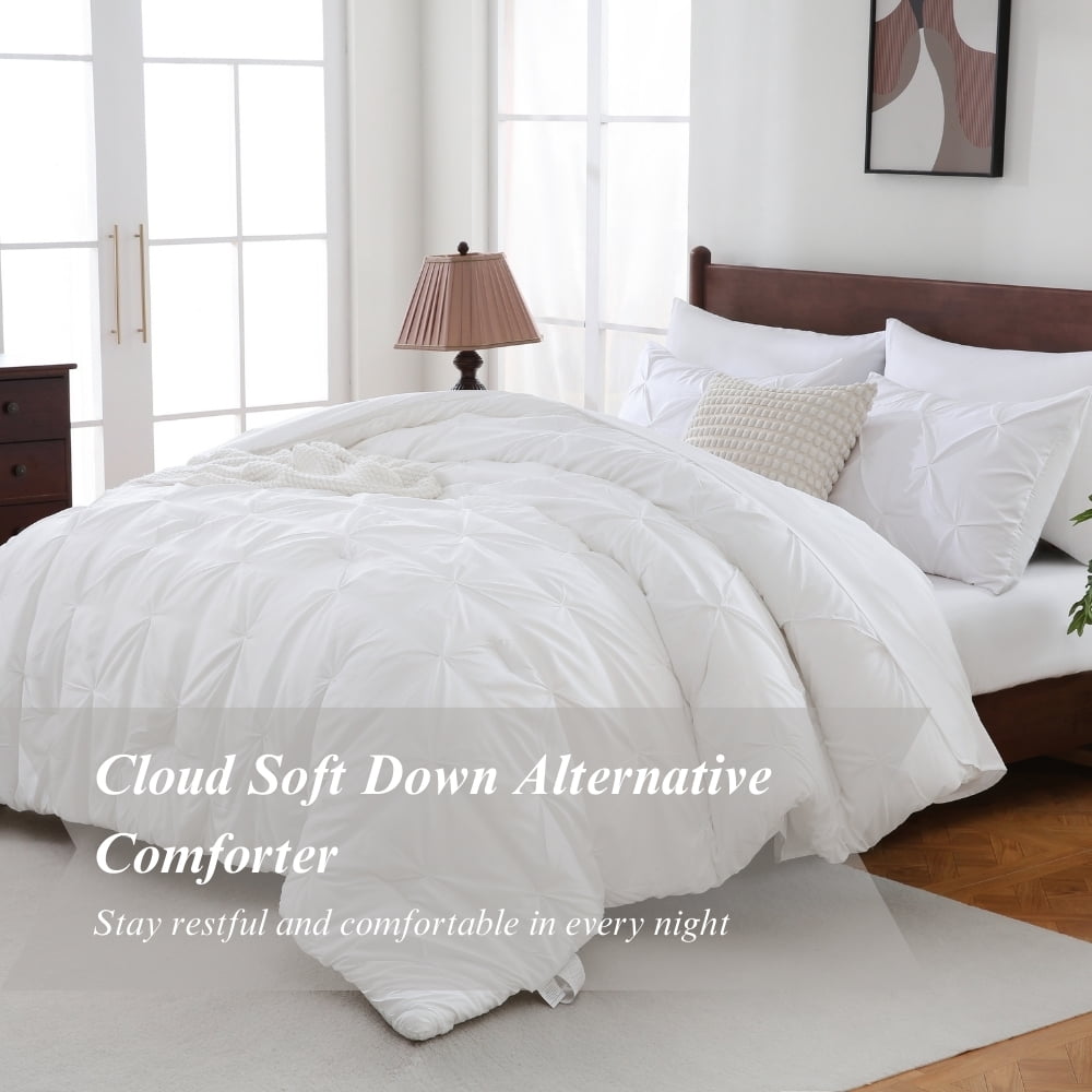 Fluffy Down Alternative 7 Pieces Pinch-Pleated Comforter Set, White Queen Size - Luxurious Quilted Duvet Cover Set Detail