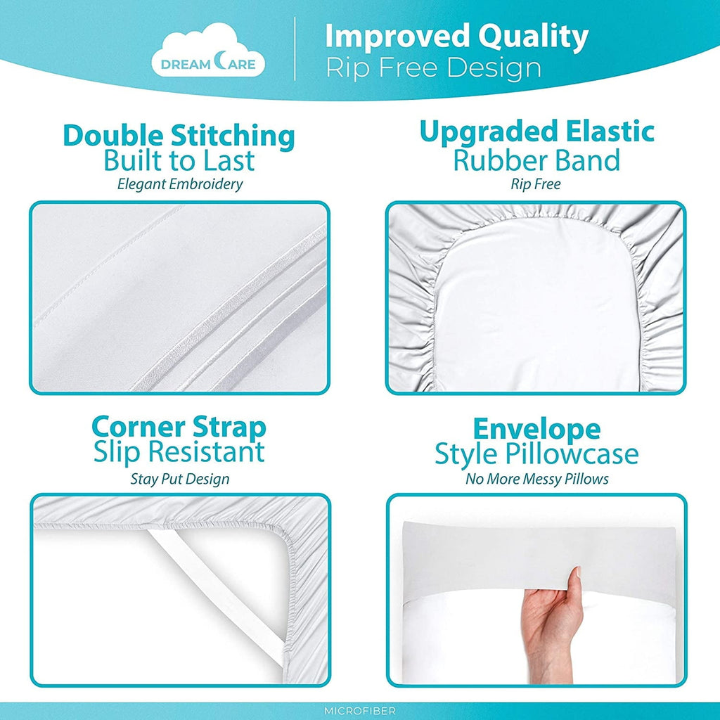 Breathable Luxury Bed Sheets Set - Queen Size Sheet with Side Pocket - 4pcs Set, 15 inches, White - Premium Ultra-Soft Pillowcase Pair for Sleeping Detail