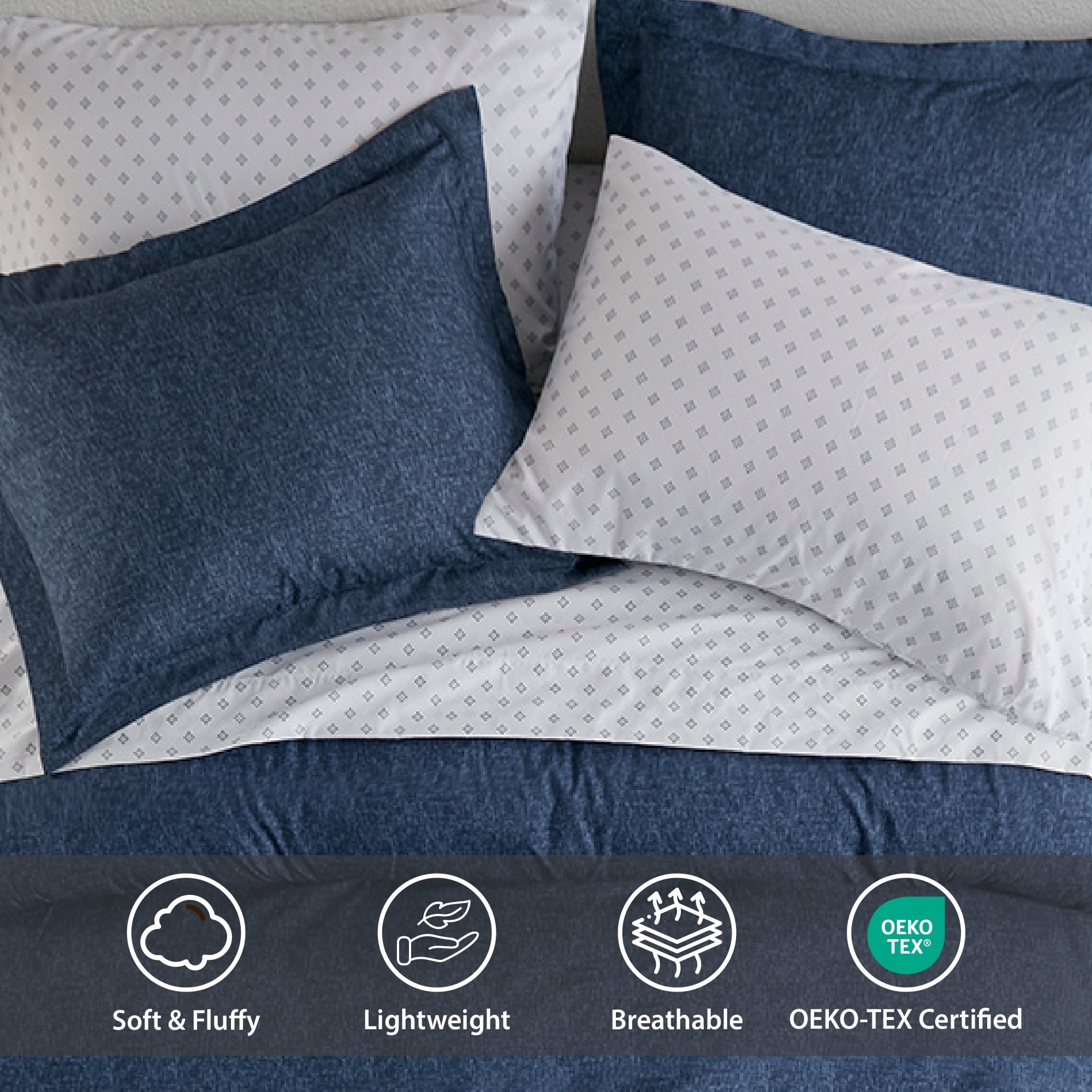Luxurious Quilted Queen Size Comforter Set, 7-Piece Reversible Bed in a Bag with Sheets, Navy - All-Season Down Alternative Comforter Insert Detail