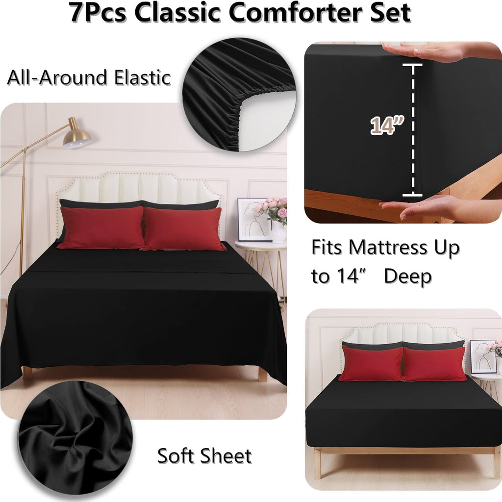 Heavyweight Warmth 7 Piece Reversible Queen Comforter Set - Red Quilted Down Alternative Bedding All Season Super Soft Microfiber Bed in... - Hypoallergenic Ultra-Fluffy Quilt for Winter Detail