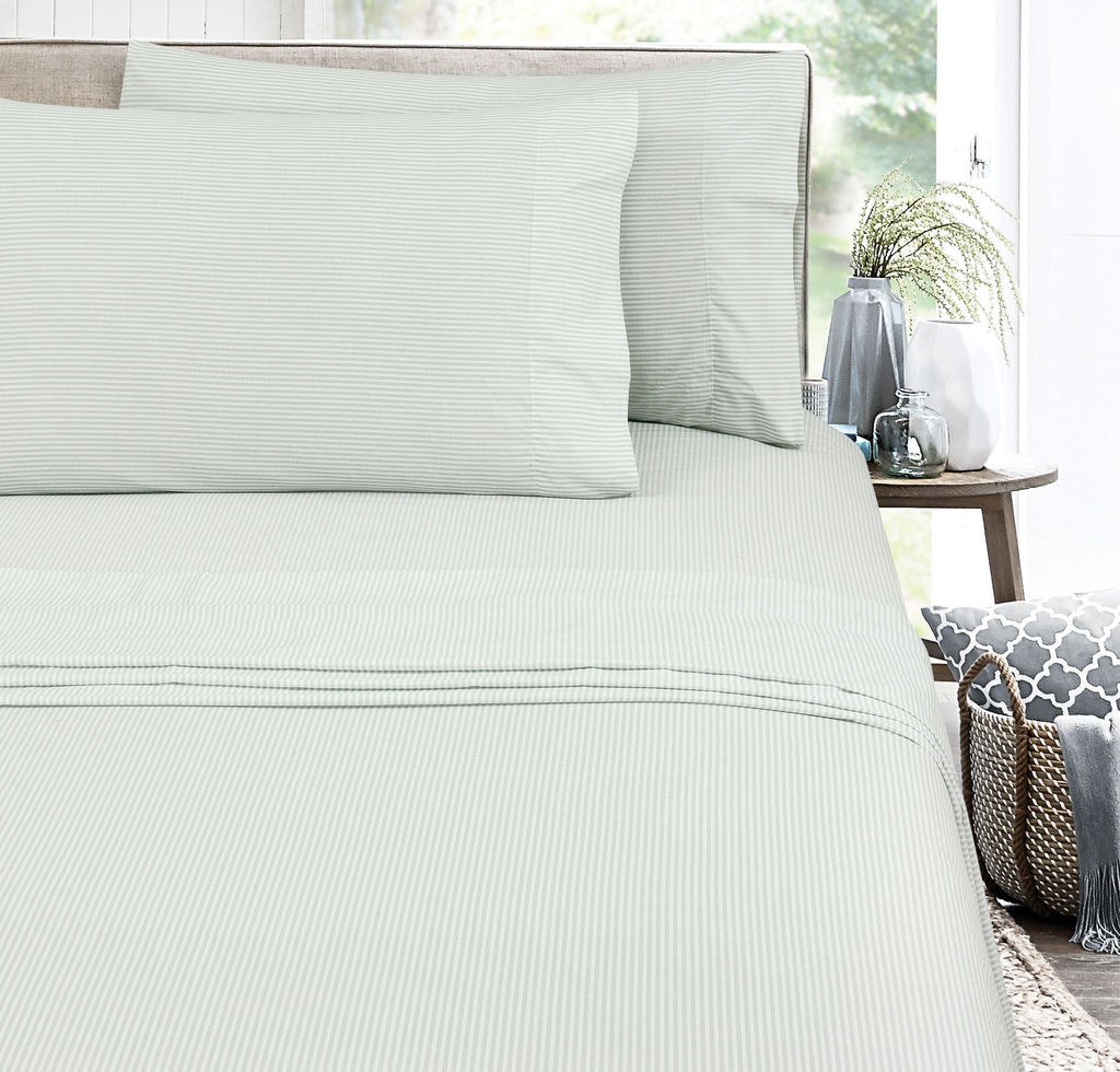 Ultra-Soft Easy Care 300 Thread Count Cotton Rich Percale Sheet Set, King, Grey Stripes - Cooling Hotel Quality Bedding Sheets and Pillowcases Detail