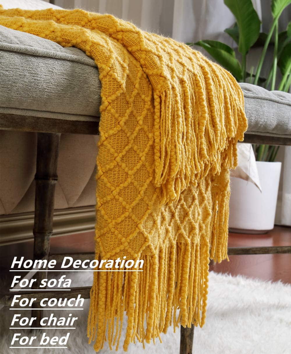 Lightweight Warm Decorative Soft Spring Summer Fall Throw Blanket ,for Couch Sofa Chair Bed,50''X60'',Mustard Yellow - Luxury Knitted Decorative Throw Blanket with Fringes Detail