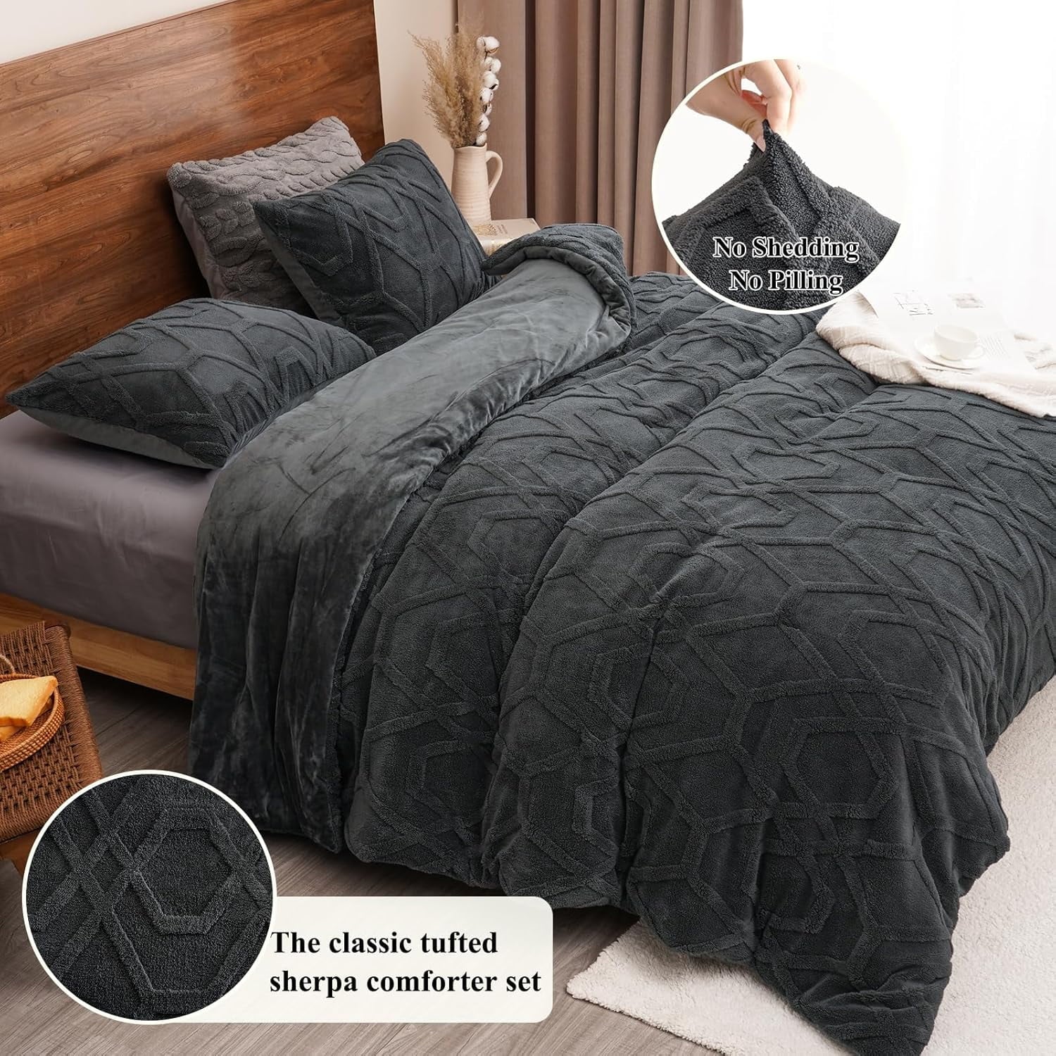 Fluffy Down Alternative Warm Sherpa Fleece Queen Comforter Set, 3D Tufted Fluffy Dark Grey Bedding for Winter, Soft 3 Pieces Shaggy Bed Set, ... - All-Season Down Alternative Comforter Insert Detail