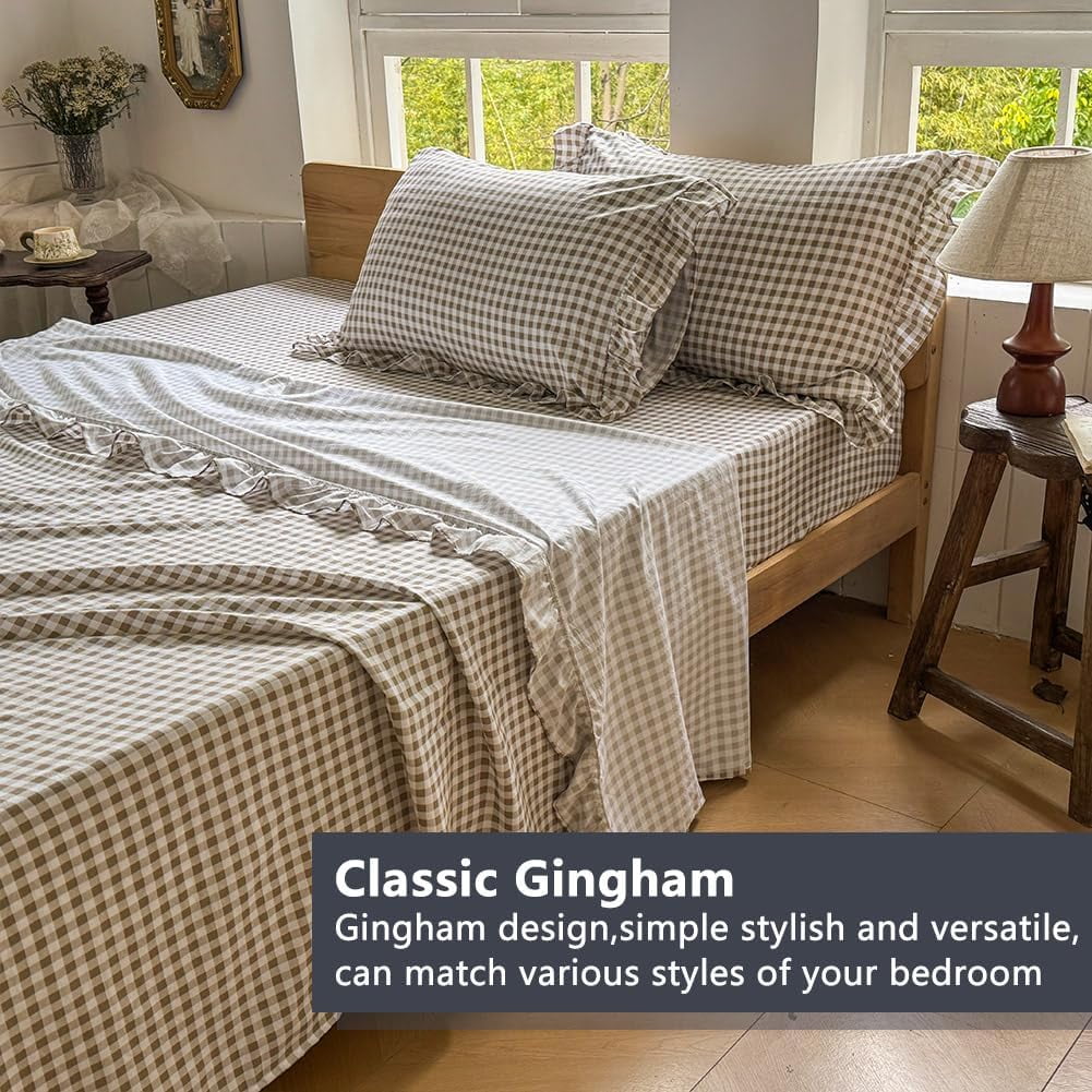 Ultra-Soft Tan Gingham Ruffle Queen Sheet Set, Taupe Soft Pre-Washed Microfiber Plaid Ruffled Queen Bed Sheets, 4-Pieces Farmhou... - Luxury Bed Sheet Set with Deep Pockets Detail