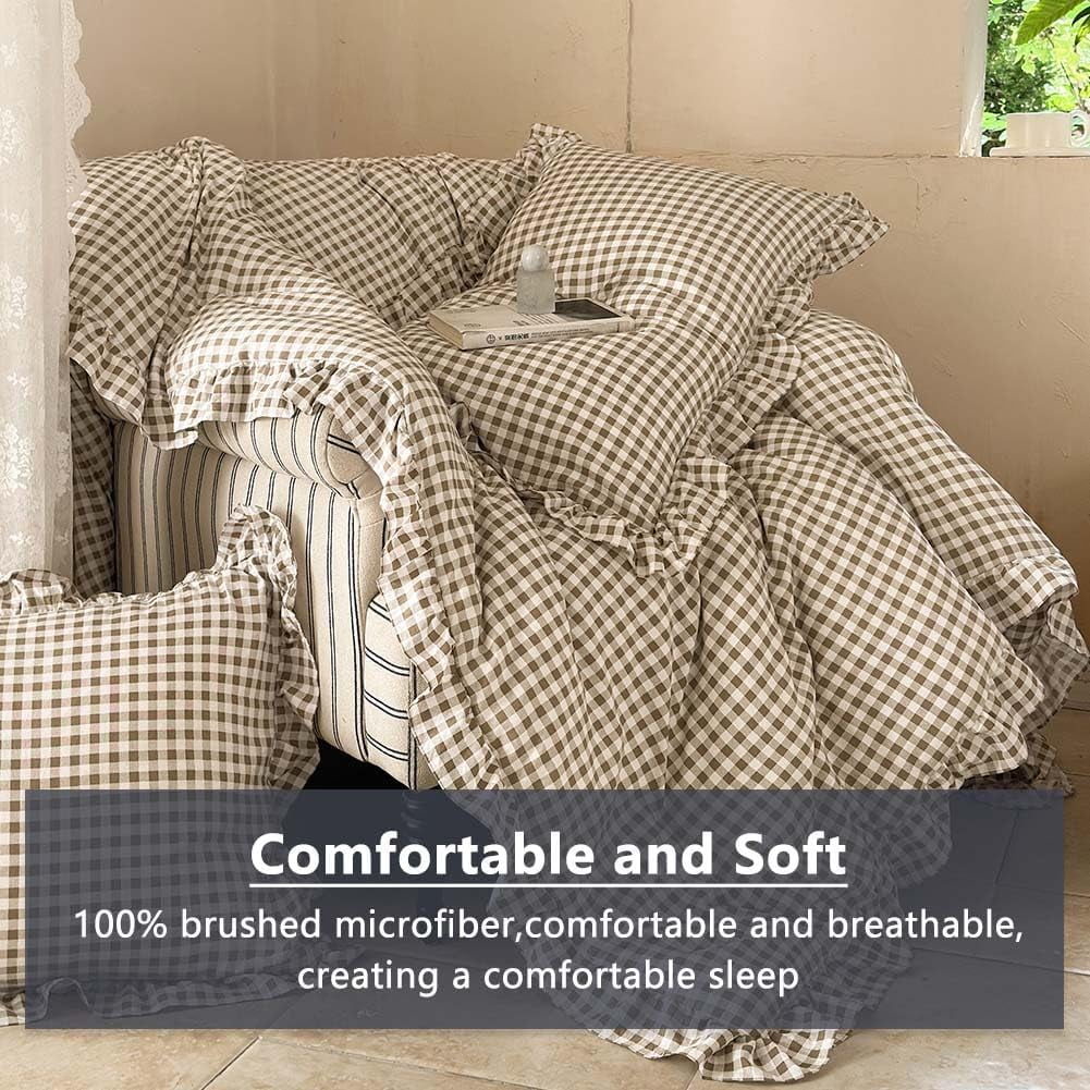 Hypoallergenic Cloud Tan Gingham Ruffle Queen Comforter Set, Taupe Ruffled Plaid Bedding Set, Ruffled Checked Bed Comforter 3 Pieces(Tan G... - Hypoallergenic Ultra-Fluffy Quilt for Winter Detail