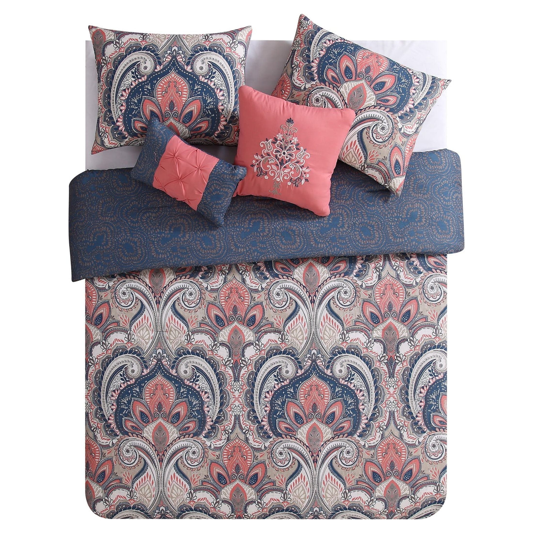 Heavyweight Warmth Casa Real 5-Piece Coral Damask Reversible Comforter Set, King, Adult, Unisex - Cloud-Like Soft Lightweight Bed Comforter Detail