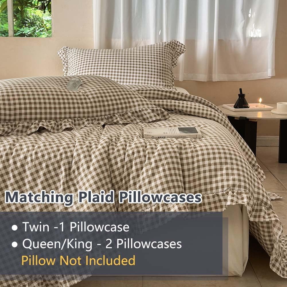 Hypoallergenic Cloud Tan Gingham Ruffle Queen Comforter Set, Taupe Ruffled Plaid Bedding Set, Ruffled Checked Bed Comforter 3 Pieces(Tan G... - Hypoallergenic Ultra-Fluffy Quilt for Winter Detail