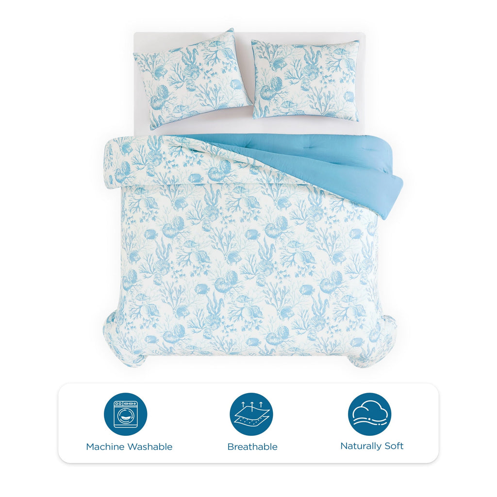 Luxurious Quilted 3-Piece Lightweight 100% Cotton Blue & White Ocean Print Comforter Set, Full/Queen - Cloud-Like Soft Lightweight Bed Comforter Detail