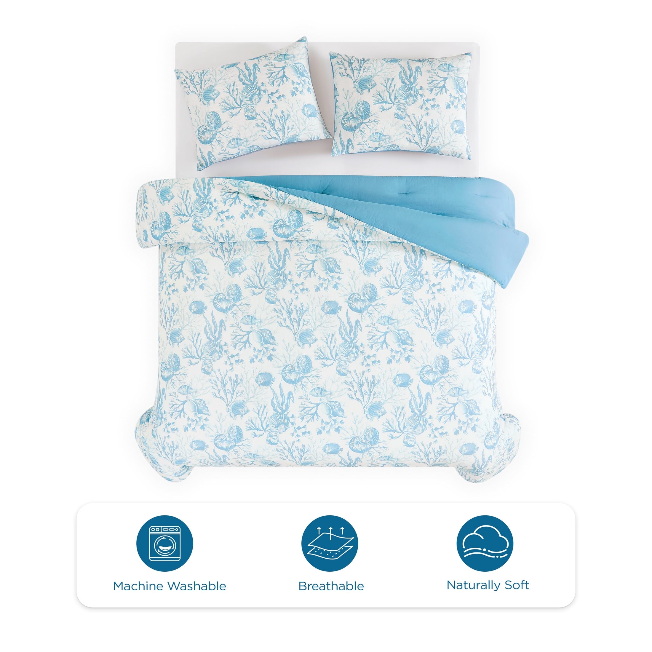 Luxurious Quilted 3-Piece Lightweight 100% Cotton Blue & White Ocean Print Comforter Set, Full/Queen - Cloud-Like Soft Lightweight Bed Comforter Detail