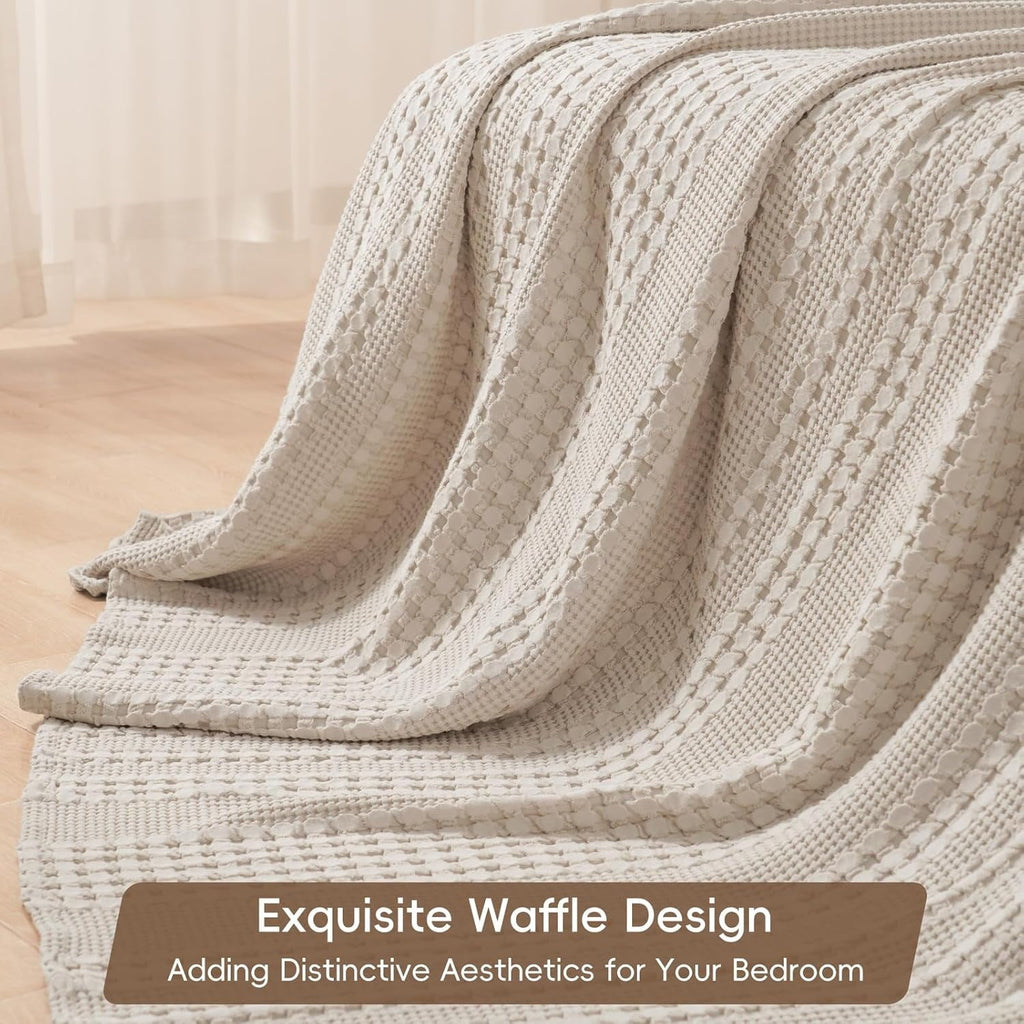 Reversible Sherpa 100% Cotton Waffle Weave Blanket, Lightweight Throw Washed Blanket for Bed Sofa Home Decor, Oatmeal, 50"x60" - Luxury Knitted Decorative Throw Blanket with Fringes Detail