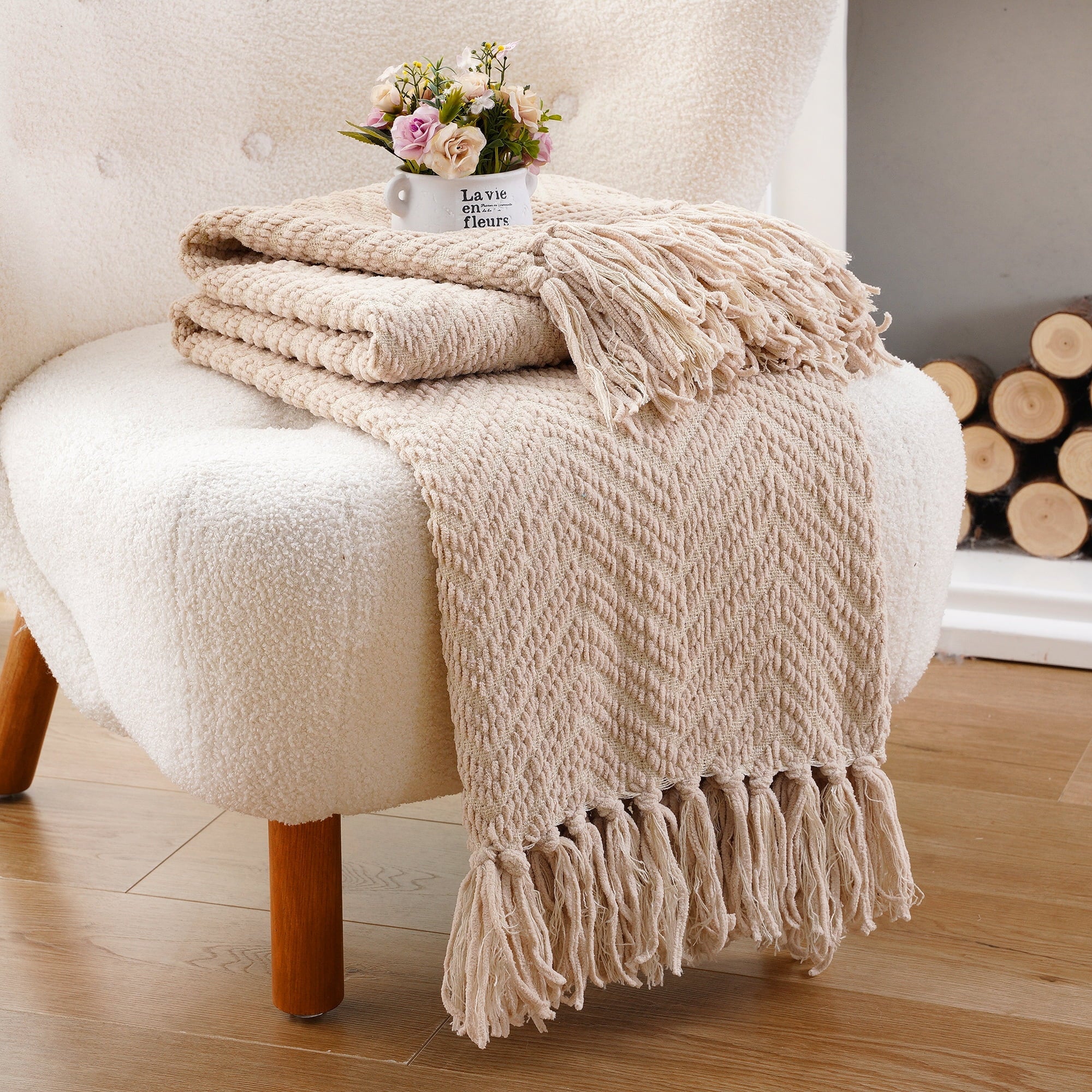 Cozy Fleece Beige Throw Blanket,Textured Knitted Tan Throws with Tassels,Neutral Sofa Bed Throws,50"x60" - Cozy Fleece Throw Blanket for Couch & Bed Detail