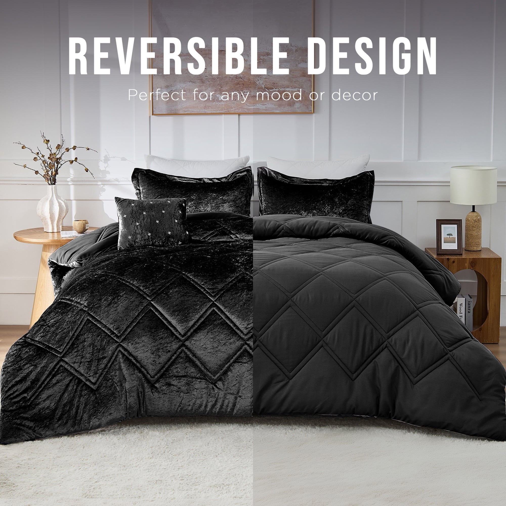All-Season King/Cal King Size Comforter Sets, Velvet Bedding Comforter Set for All Seasons, Black Bedding Set with Decor Pillow - Hypoallergenic Ultra-Fluffy Quilt for Winter - Default Title