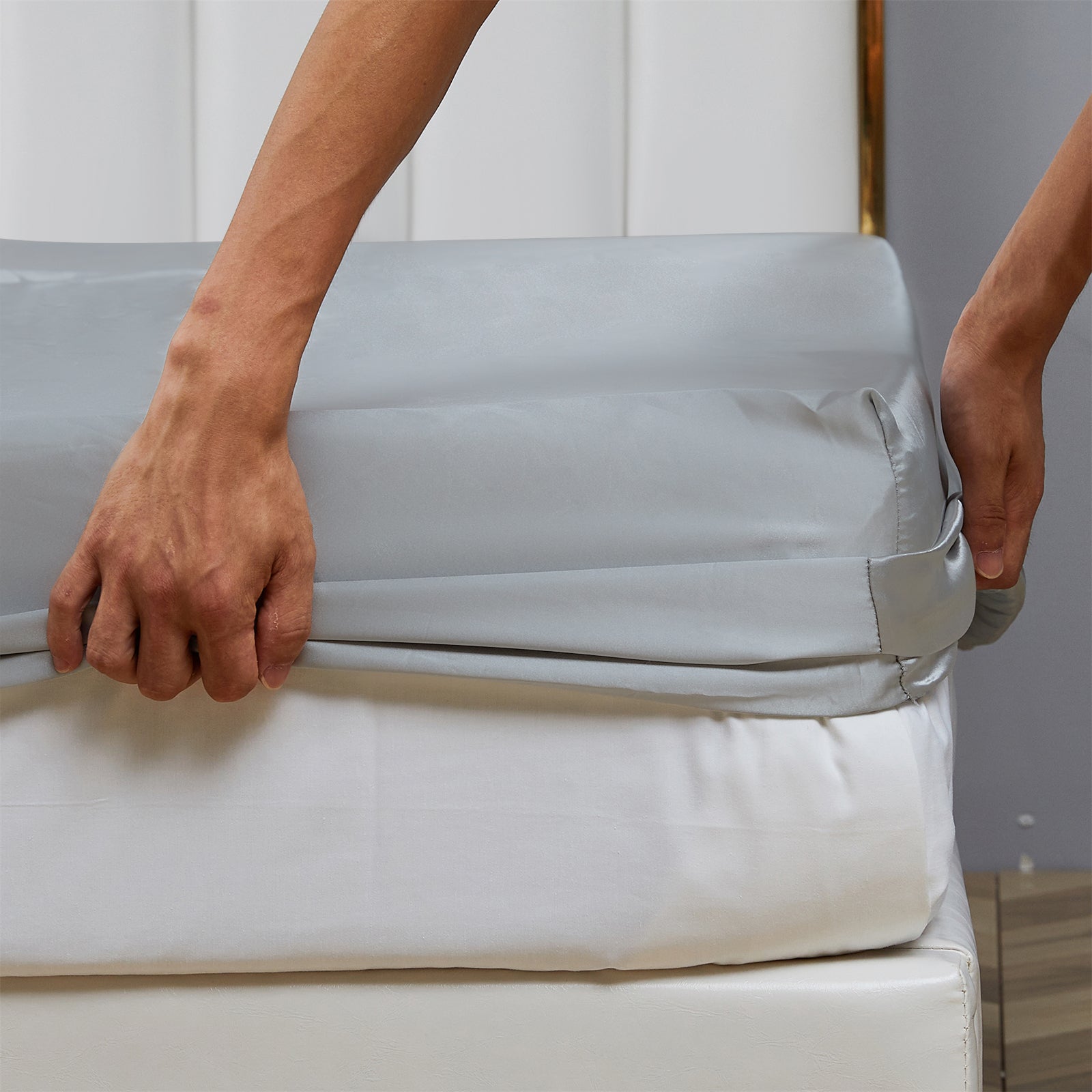 Ultra-Soft Satin Fitted Sheet King Size 14 Inch Deep Pocket Bed Sheet Silk Sheet Ultra Soft Machine Washable, Light Gray - Premium Ultra-Soft Pillowcase Pair for Sleeping Detail