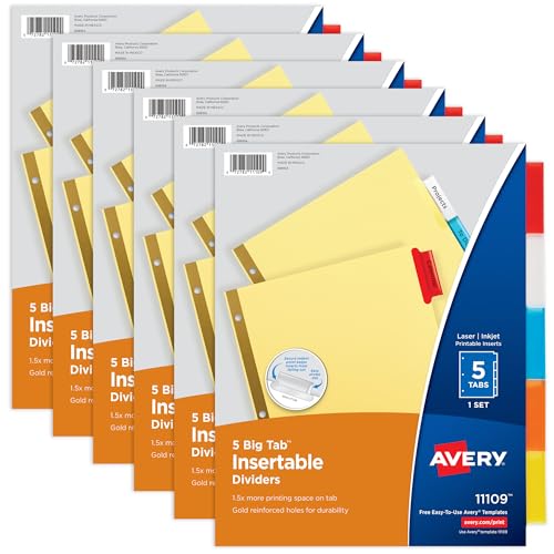Smart Home Avery Binder Dividers - 5-Tab Insertable Multicolor Big Tabs for Collection