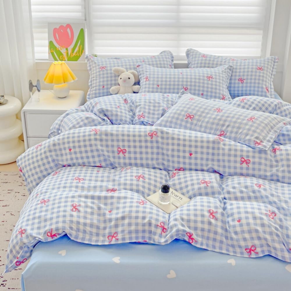 All-Season 3-Piece Blue Plaid Pink Bows Comforter Full Set , Cute Soft Bedding Set for Kids Adults - All-Season Down Alternative Comforter Insert Detail