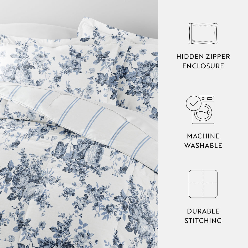 Luxurious Quilted Down Alternative Cabbage Rose Stripe Stone Reversible Comforter Set - Luxurious Quilted Duvet Cover Set Detail