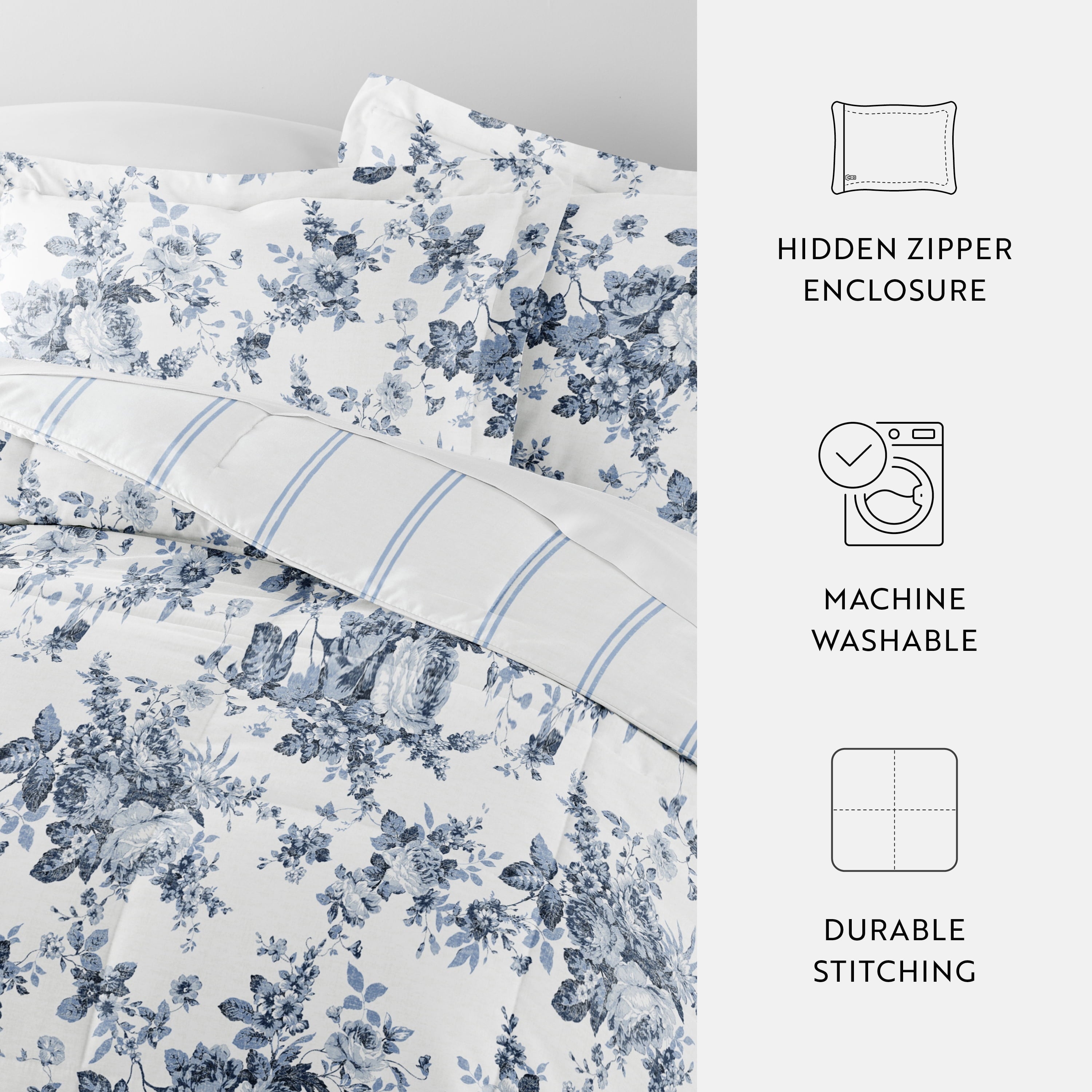 Luxurious Quilted Down Alternative Cabbage Rose Stripe Stone Reversible Comforter Set - Luxurious Quilted Duvet Cover Set Detail