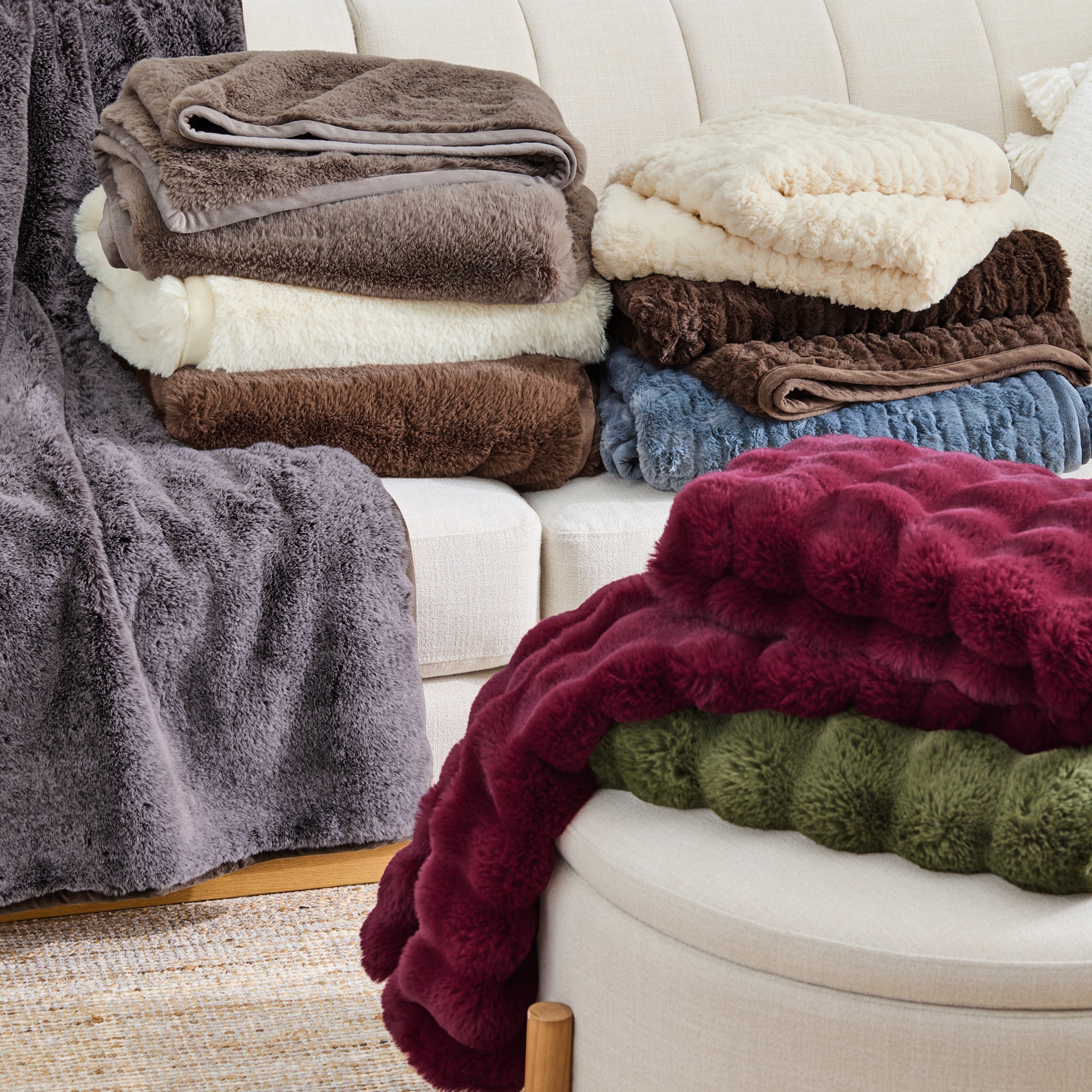 Decorative Knitted Grey Faux Fur Ultra Soft Luxury Oversized Throw Blanket 50" x 72", Grey Bisque - Luxury Knitted Decorative Throw Blanket with Fringes Detail
