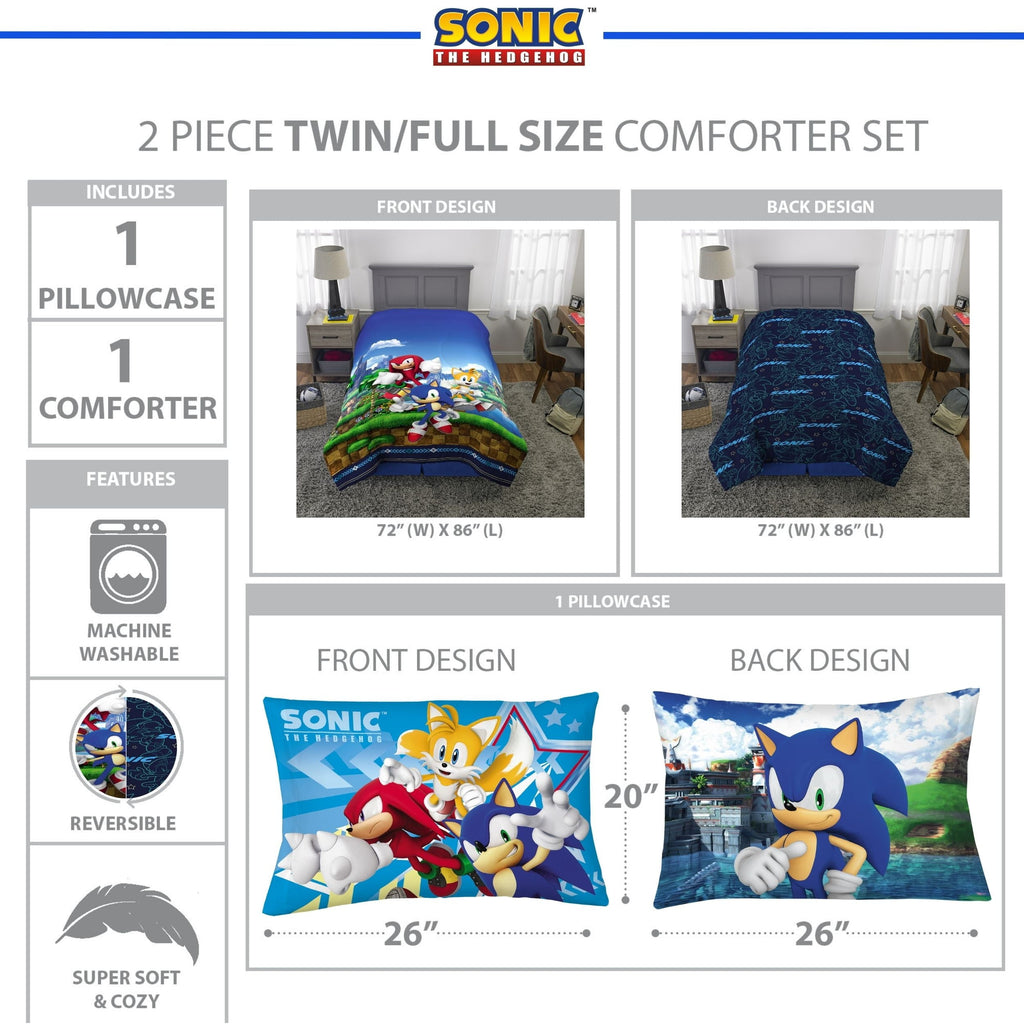 Hypoallergenic Cloud Sonic the Hedgehog Kids 2 Piece Blue Green Reversible Comforter and Pillowcase set, Twin/full - All-Season Down Alternative Comforter Insert Detail