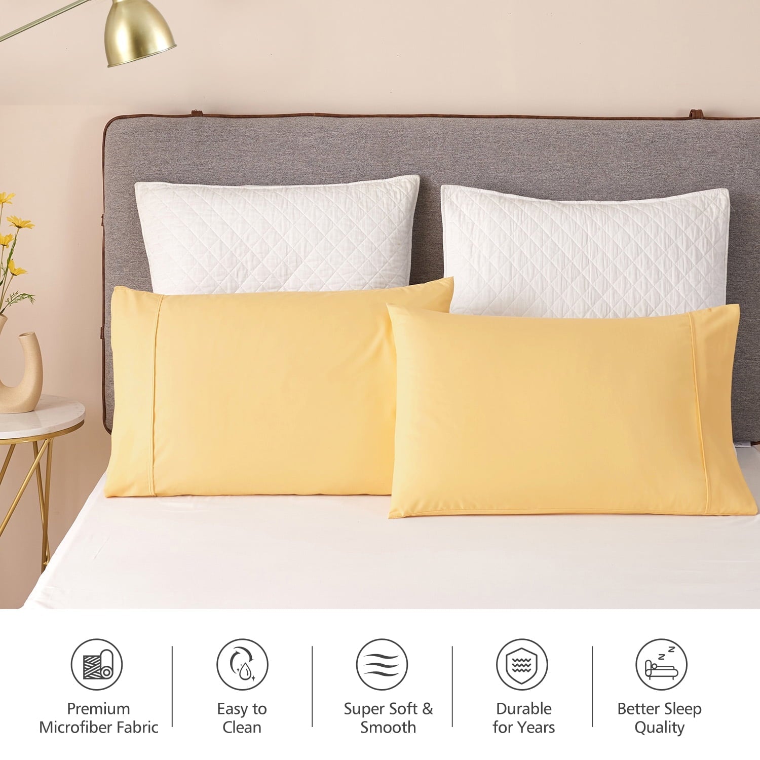 Decorative Plump Solid Print Pillow Cases, King, Beige, 2-Pieces - Decorative Throw Pillow Cushion for Sofa & Bed Detail