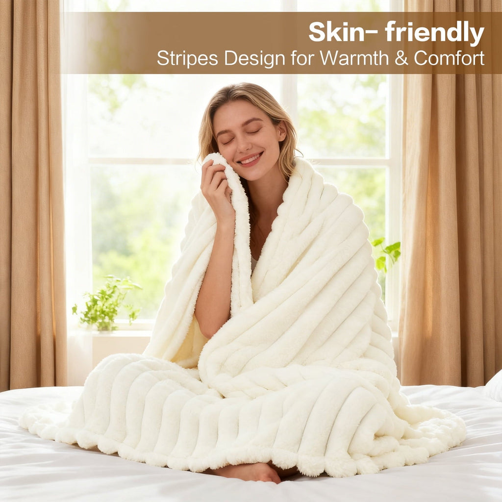 Decorative Knitted White Fleece Throw Blanket for Couch, Super Soft Cozy Blankets and Throws, Decorative Fleece Blankets for Women Men G... - Cozy Fleece Throw Blanket for Couch & Bed Detail