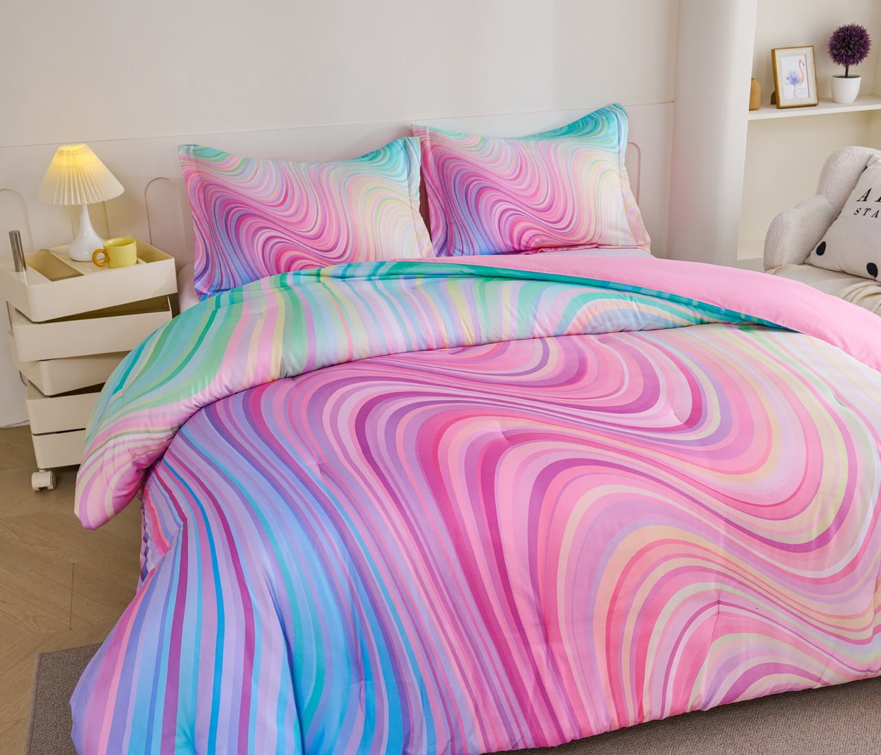All-Season 3-Piece Abstract Tie Dye Comforter Set, Blue Pink Purple, Kids Bedding Set for Girls Full/Queen Size - All-Season Down Alternative Comforter Insert Detail