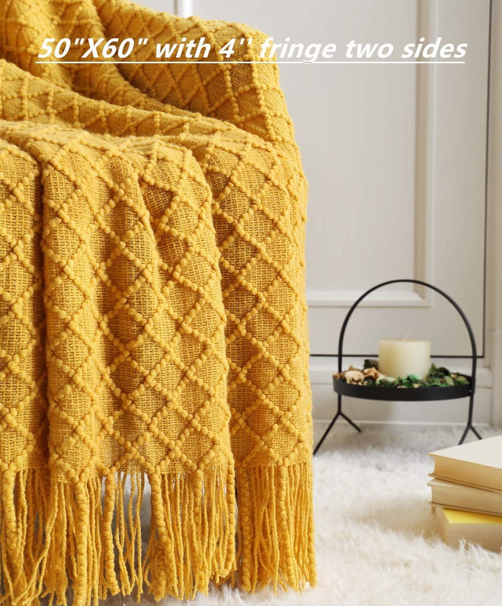 Lightweight Warm Decorative Soft Spring Summer Fall Throw Blanket ,for Couch Sofa Chair Bed,50''X60'',Mustard Yellow - Luxury Knitted Decorative Throw Blanket with Fringes Detail