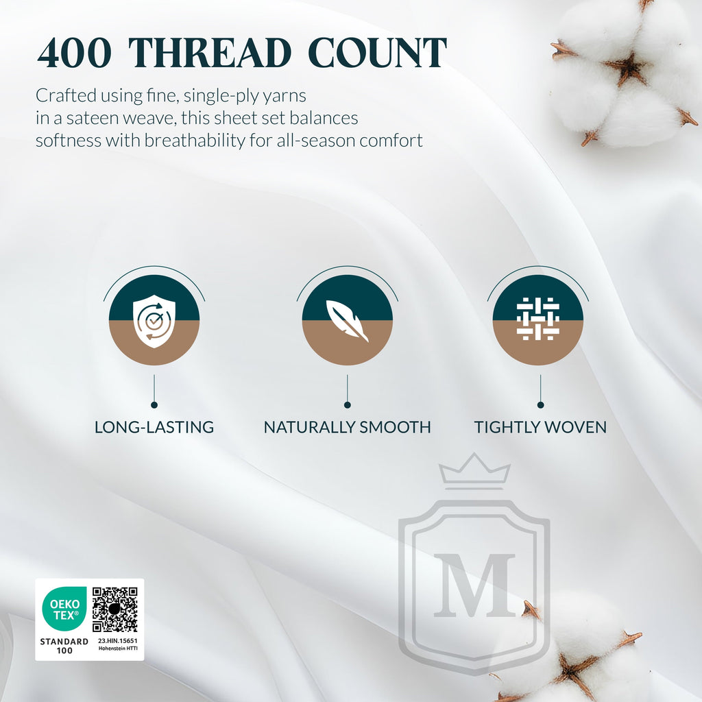 Wrinkle-Resistant 100% Cotton Sheets For Queen Size Bed - Luxury 400 Thread Count Queen Sheet Set, 4 Piece Sateen Weave Queen White Cot... - Cooling Hotel Quality Bedding Sheets and Pillowcases Detail