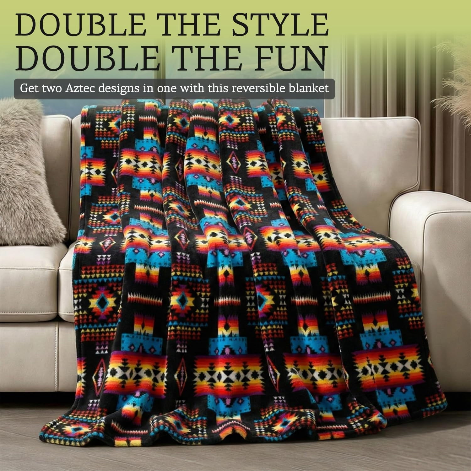 Super Soft Flannel Sacred Thread Fleece Blanket South Western, Reversible Mexican, Vibrant Aztec Blankets and Throws for Aztec Decor for... - Lightweight Plush Warm Blanket for All Seasons Detail