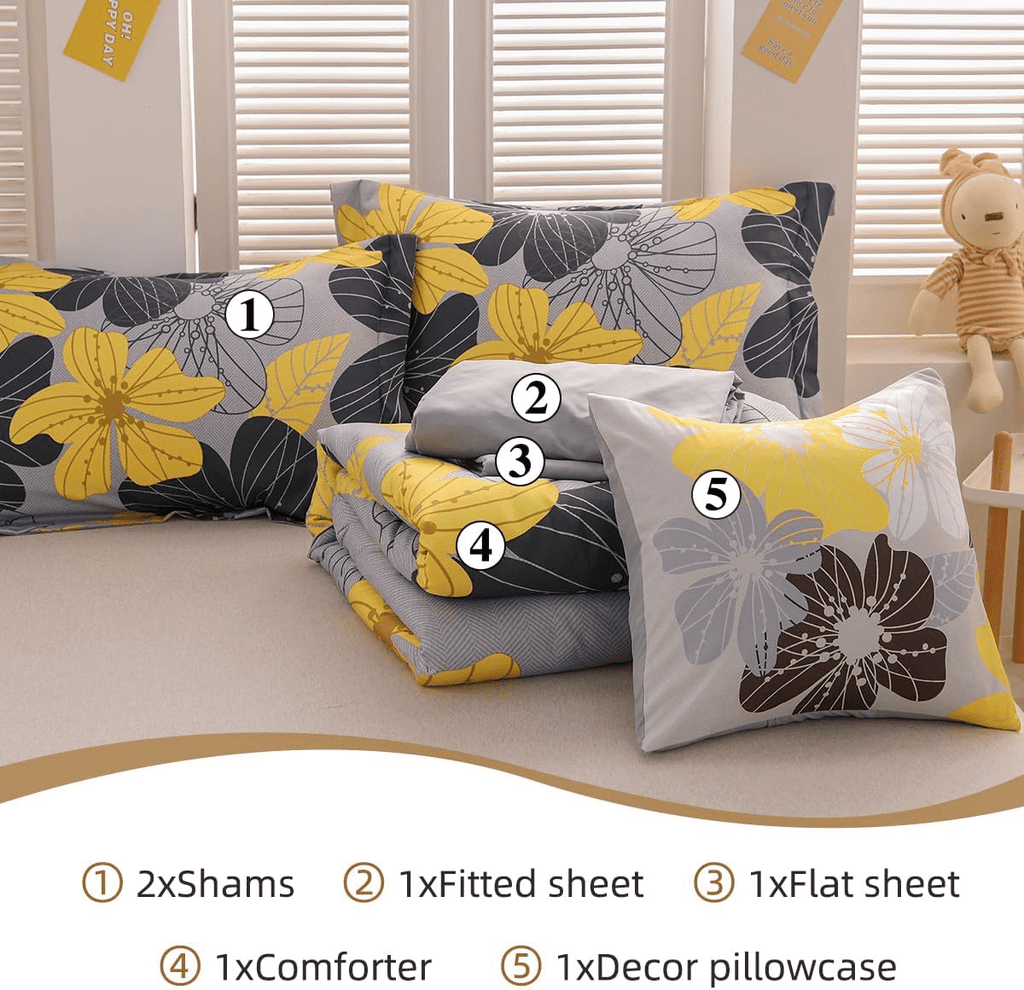 Fluffy Down Alternative Yellow Floral Comforter Set Queen Flower Bed Set Adult Soft Botanical Boho Bedding Set - Luxurious Quilted Duvet Cover Set Detail