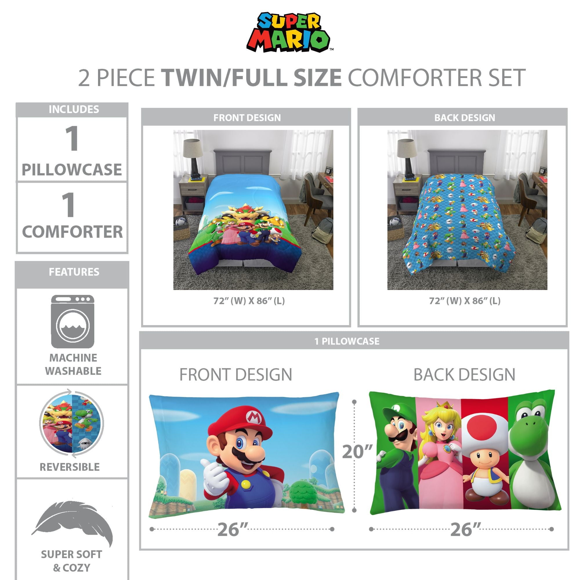 Hypoallergenic Cloud Kids Comforter and Pillowcase, 2-Piece Set, Twin/Full, Reversible - All-Season Down Alternative Comforter Insert Detail