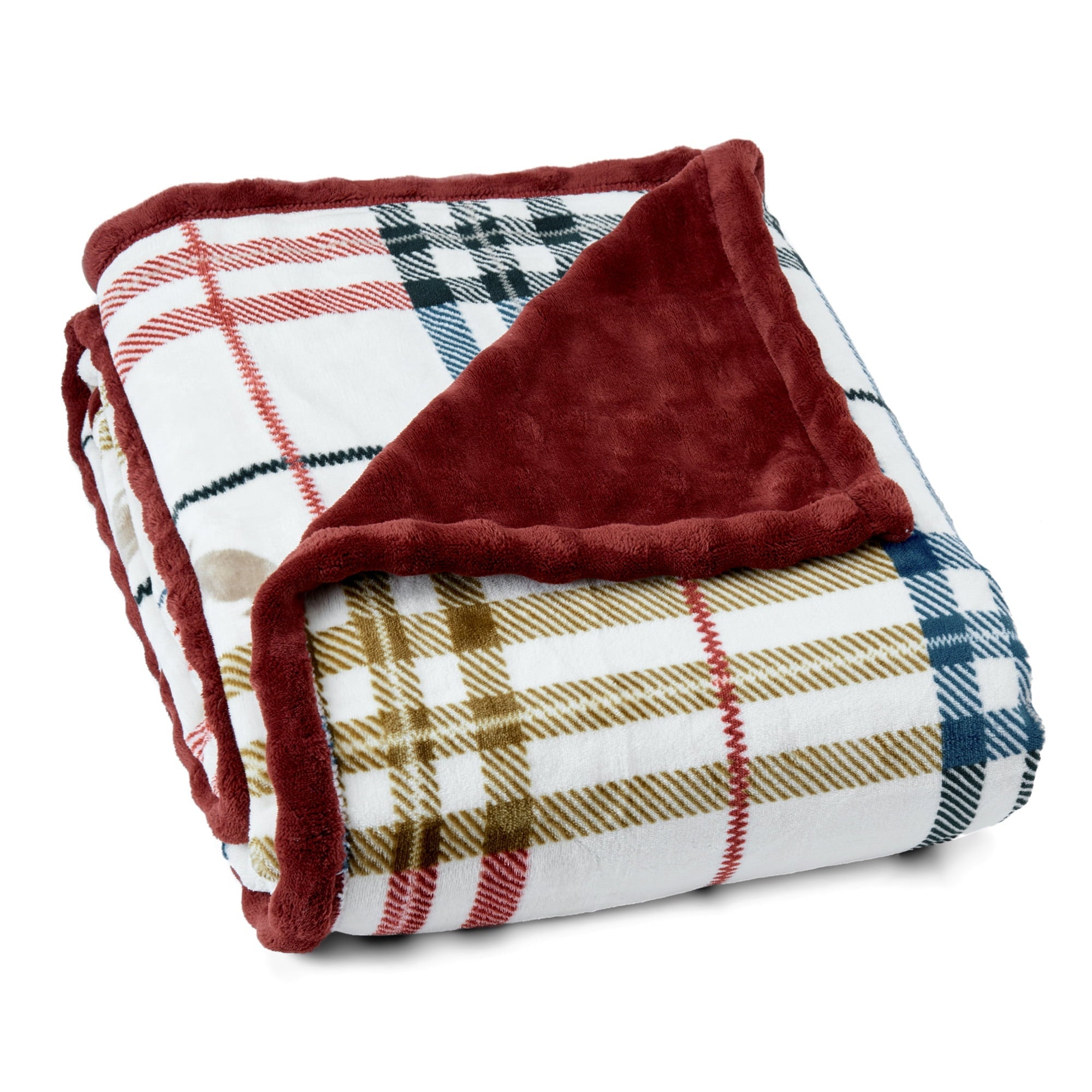 Super Soft Flannel Academic Plaid Tartan Crest with Faux Leather Patch and Milky Mink Reverse Throw, 60x70 inches - Super Soft Reversible Sherpa Flannel Blanket Detail