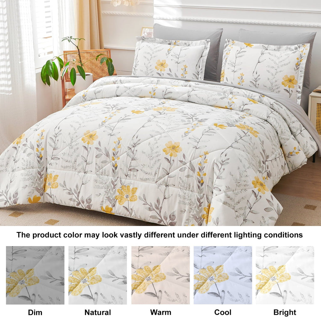 Hypoallergenic Cloud 3 Piece Comforter Set Queen Yellow Floral Quilt Microfiber Patchwork Bedspread - Cloud-Like Soft Lightweight Bed Comforter Detail
