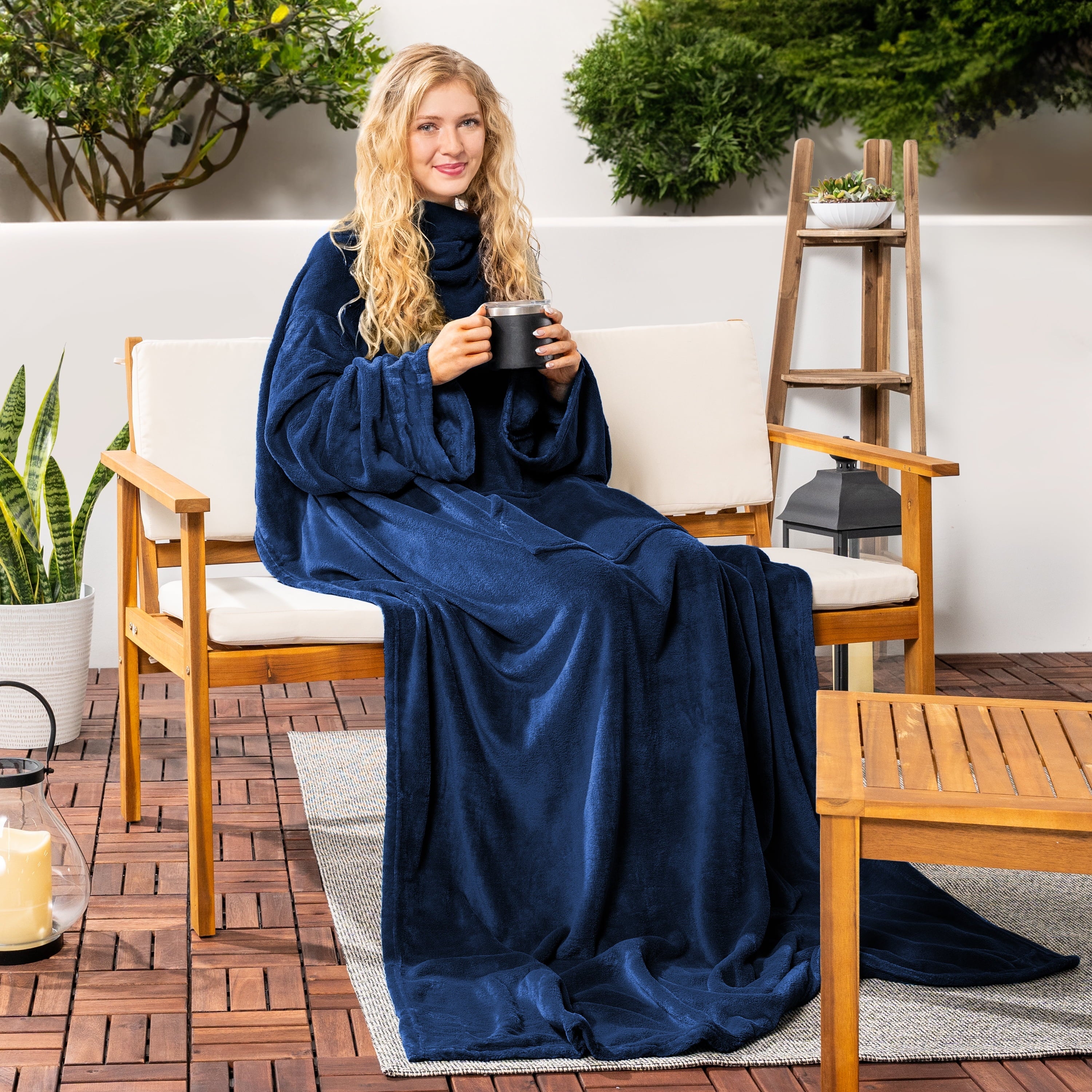 Super Soft Flannel Navy Blue Fleece Wearable Blanket with Sleeves for Adults Women Men, Soft Warm Full Body Wrap Throw, Sweatshirt Pocke... - Luxury Knitted Decorative Throw Blanket with Fringes Detail