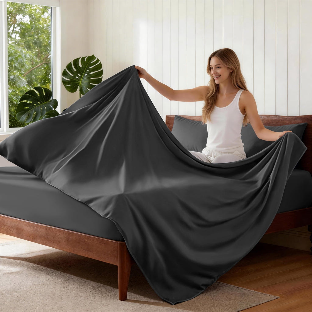 Premium Egyptian Cotton Sheets,Soft Hotel Luxury Polyester Washed Cotton,4 Piece Sheets Set,with 14" Deep Pocket,Dark Gray - Luxury Bed Sheet Set with Deep Pockets Detail